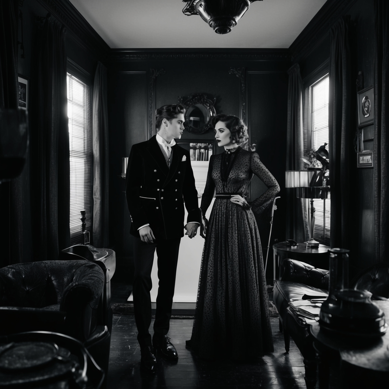 A black-and-white vintage-style music video scene capturing a sense of mystery and intrigue. Emphasize high-contrast imagery and retro elements, such as vintage clothing and noir film aesthetics, evoking emotions of love and betrayal.