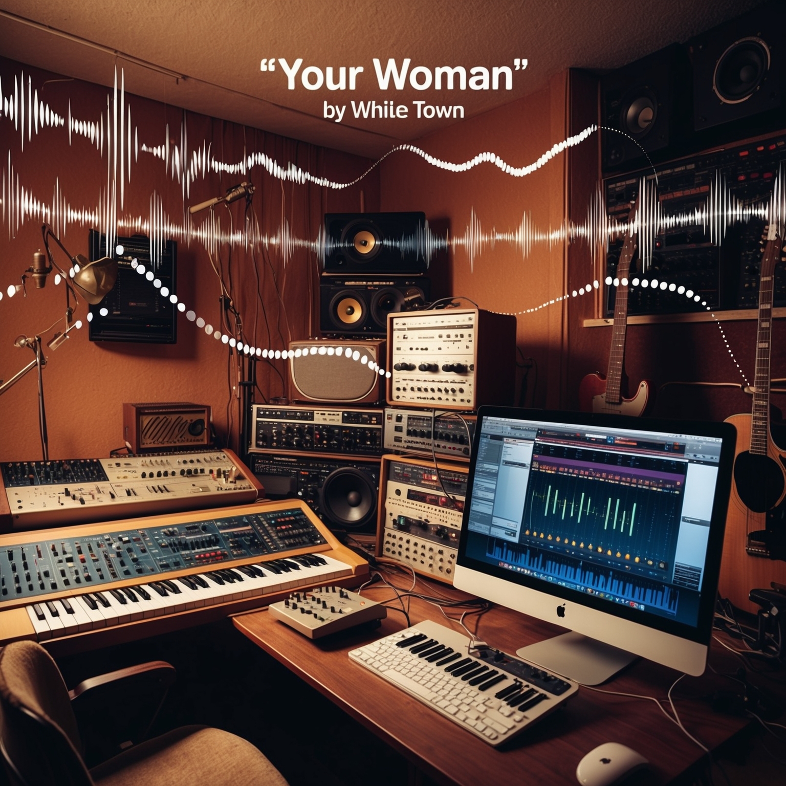 An intimate home recording studio filled with vintage and modern music equipment, capturing a 1990s indie musician’s vibe. Abstract soundwaves and rhythm patterns floating in the air, hinting at a blend of electronic and traditional instruments from the song 