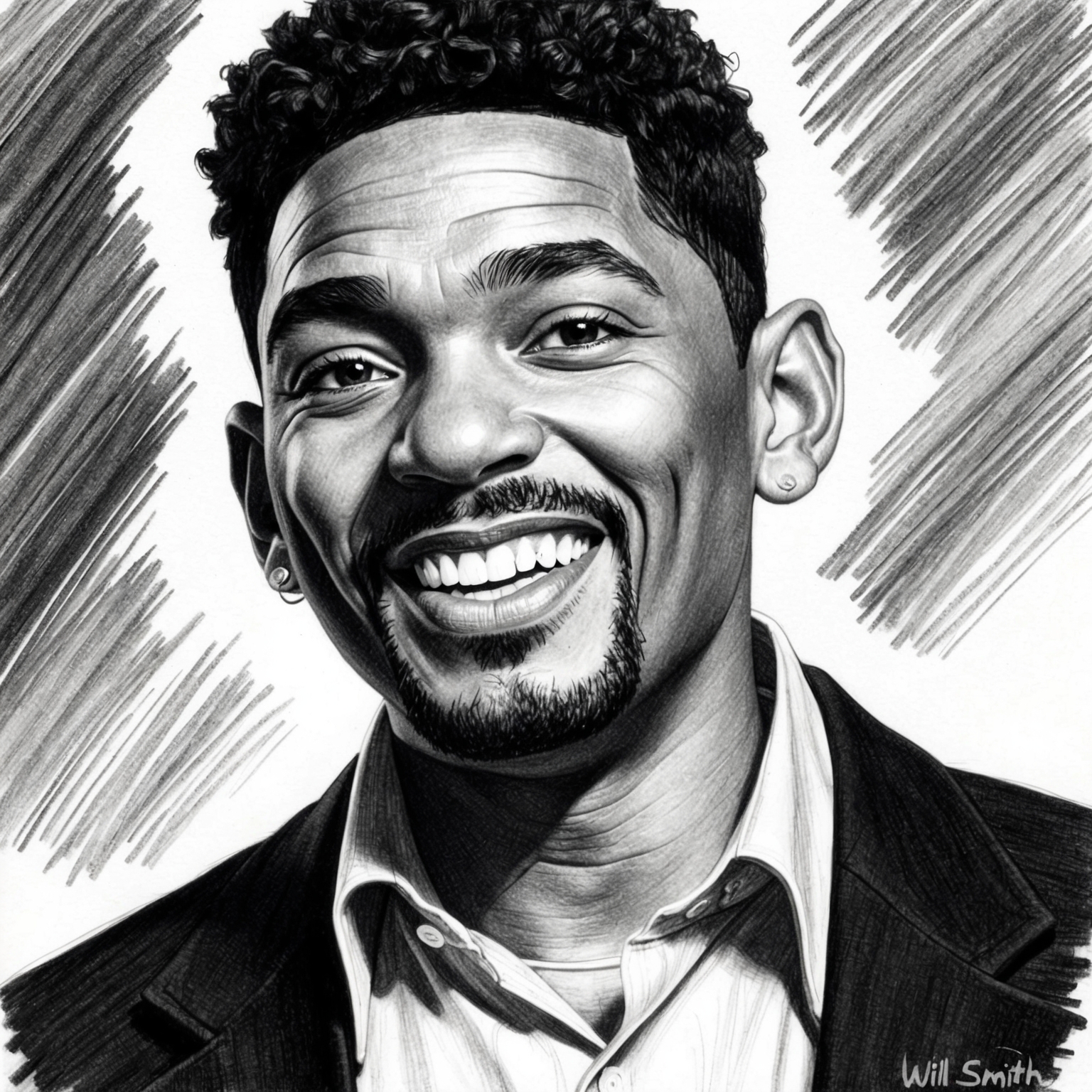 Create a black and white charcoal portrait of Will Smith, capturing his charismatic expression. The drawing should have a half-finished, stylistic feel, emphasizing his influence as an entertainer and musician during the late 1990s. The portrait should convey a sense of motion and energy, reflecting his dynamic presence.