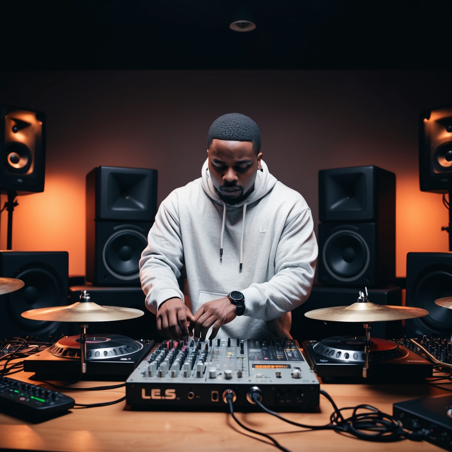 Portrait of L.E.S., hip-hop producer, in a studio setting surrounded by music equipment. He is concentrating on mixing beats. The image should capture the vibrant energy and creative atmosphere typical of a professional music production environment.