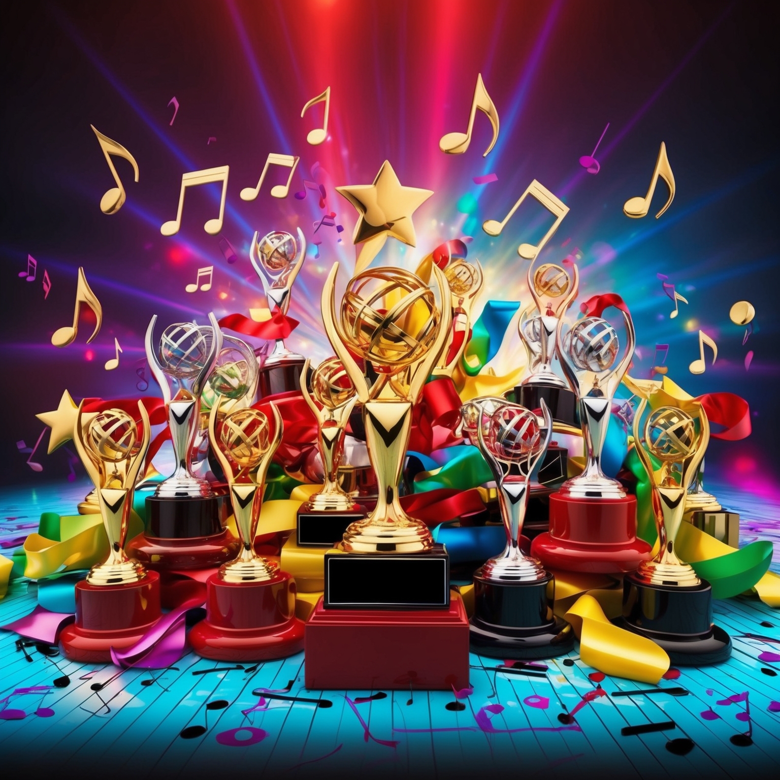 Create an image representing musical success and celebration, featuring award trophies, music notes, and vibrant colors. Capture the sense of energy and exuberance associated with music genres like hip-hop and pop in the late 1990s. The scene should convey a festive atmosphere, reflecting the celebratory theme of music accolades and cultural influence.