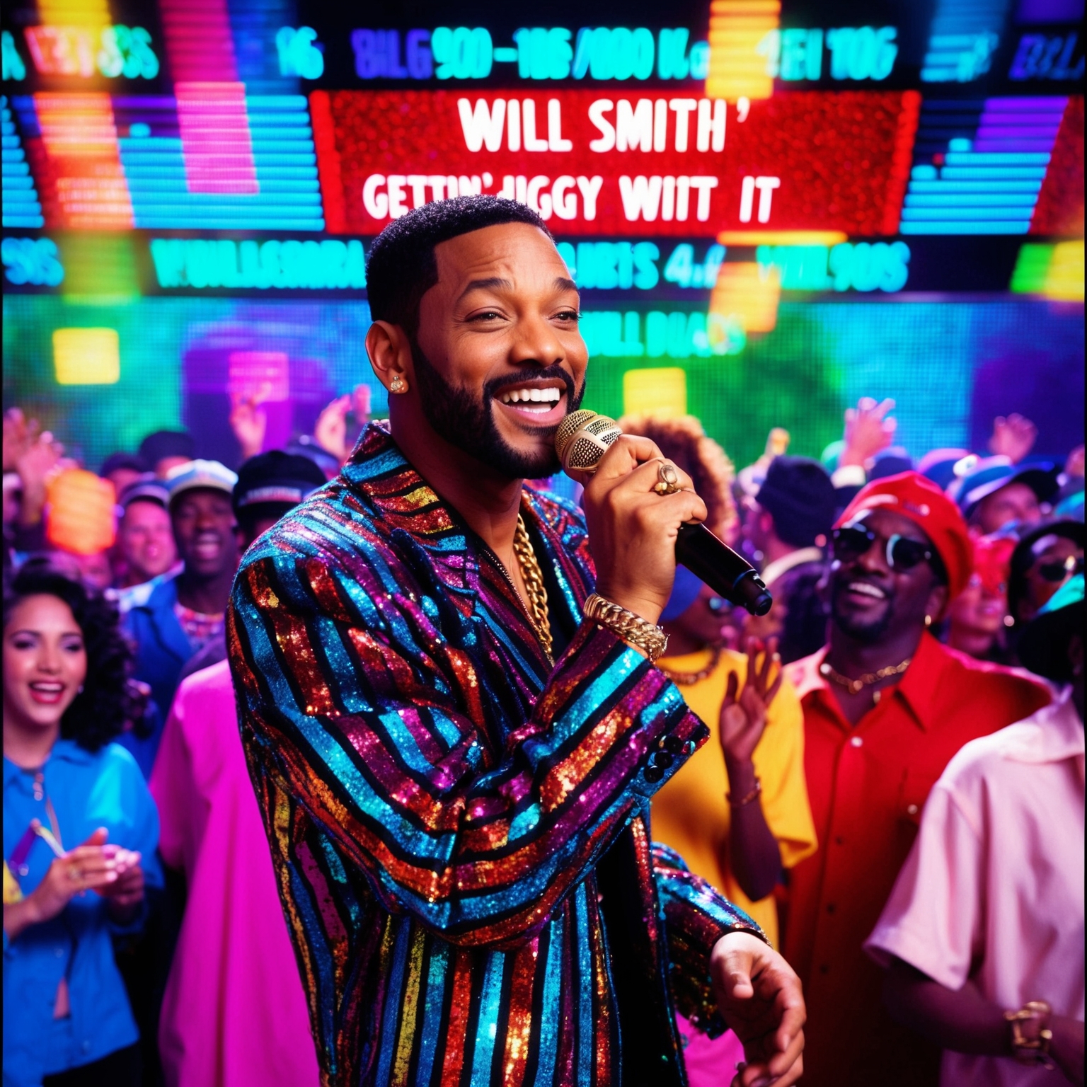 A vibrant and lively depiction of a 1990s music chart scene, capturing the colorful and energetic essence of Will Smith