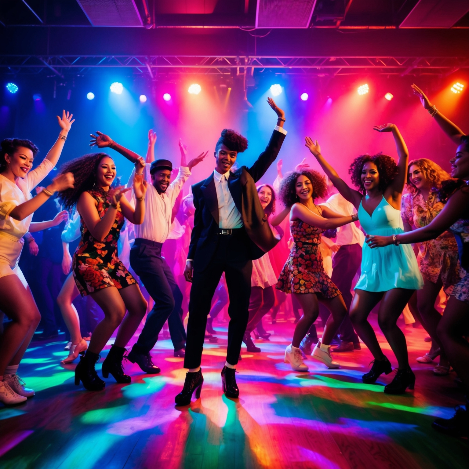 A vibrant dance floor filled with diverse people joyfully dancing, colorful lights flashing, a stylish figure at the center exuding confidence, reminiscent of a late 90s party scene.