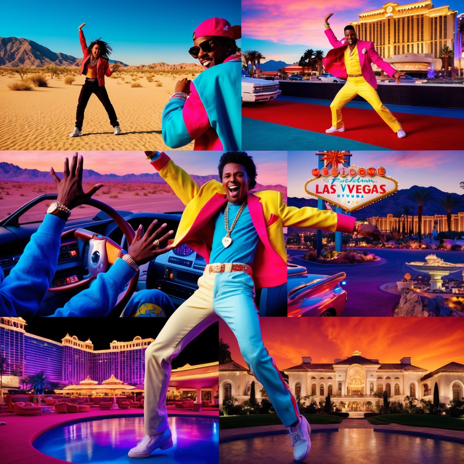 A vibrant and colorful music video scene featuring a charismatic performer dancing energetically in various exotic locations such as a desert, a lively Las Vegas casino, and a glamorous Hollywood mansion, capturing the essence of late 90s upbeat pop culture.