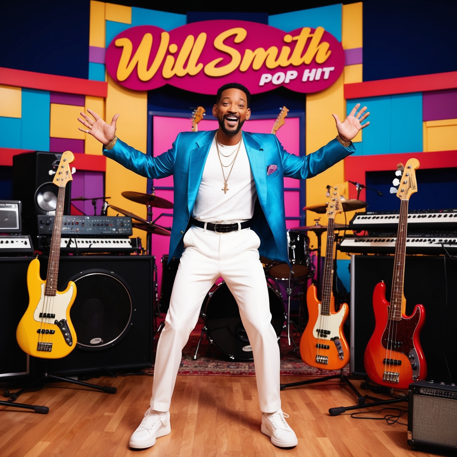 A lively studio setting for a 1990s pop hit recording, featuring Will Smith in an animated pose, surrounded by musical instruments like bass guitars, synthesizers, and drums. Capture the energetic vibe, focusing on a retro, upbeat atmosphere, reflecting the lively essence of a hit dance song. Consider a bright, cheerful color palette that conveys a sense of celebration and musical creativity.