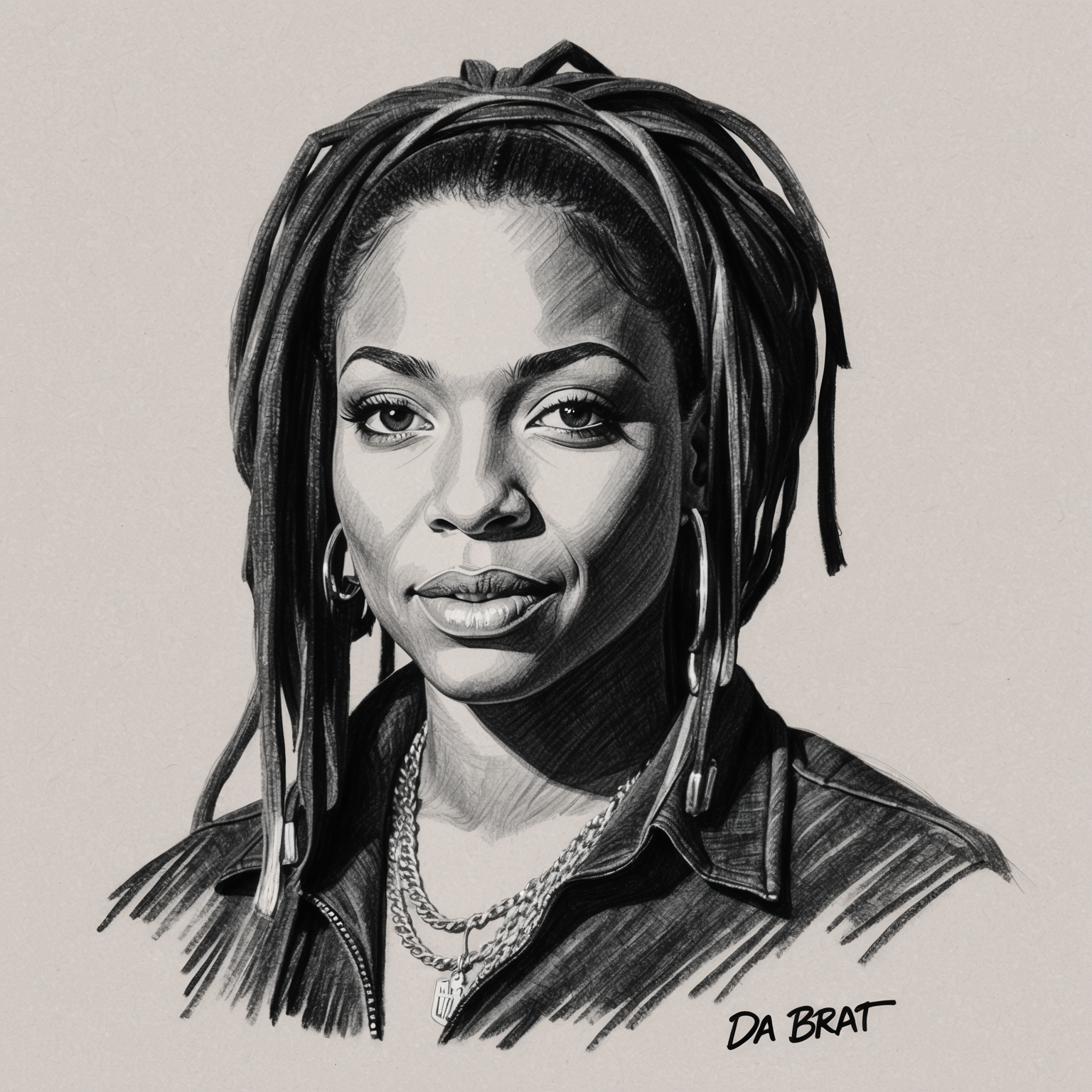 A charcoal portrait of Da Brat, capturing her iconic presence with a half-finished, stylistic touch. The drawing is in black and white, reflecting her influence as a pioneering female rapper in the hip-hop scene around the era of her hit song 