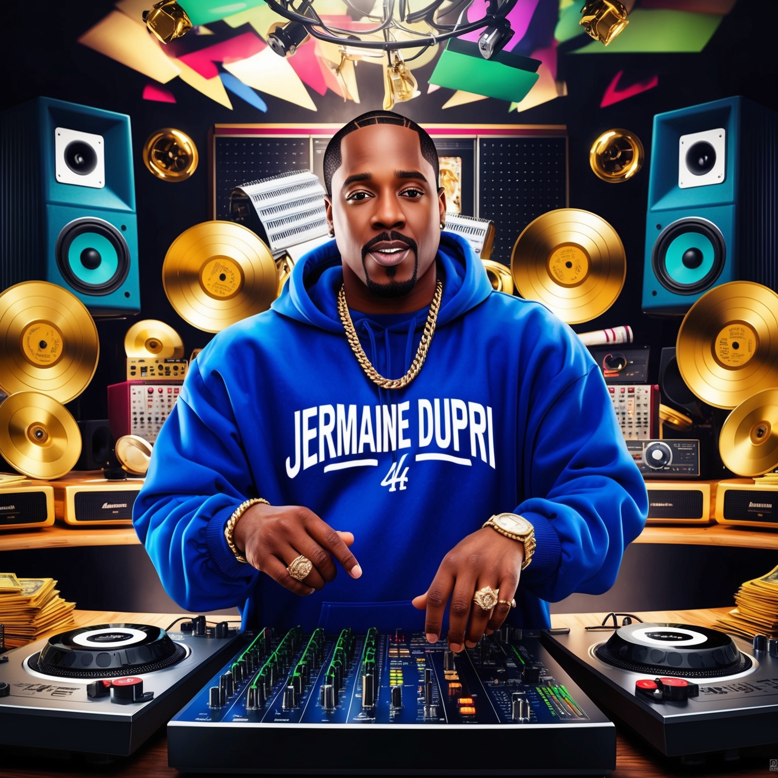 A vibrant and dynamic illustration of Jermaine Dupri in a studio setting, showcasing his interaction with mixing equipment, surrounded by gold records and musical inspiration. The background should reflect a 90s hip-hop vibe, highlighting his iconic influence in the music industry with elements of funk and hip-hop culture.