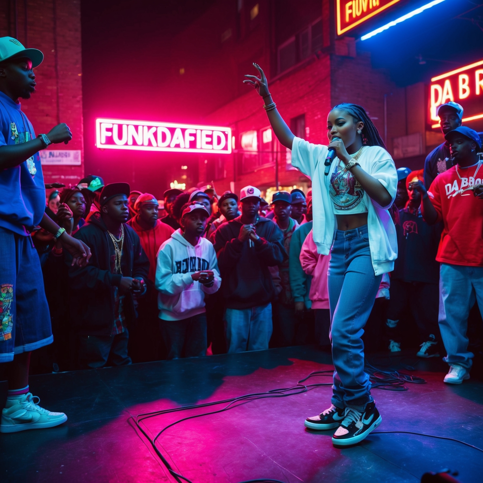 An urban scene embodying the vibrant energy of 1990s hip-hop, with a young female rapper performing on stage during a lively concert. Neon lights, old-school streetwear, and a diverse crowd capturing the essence of the era. A nostalgic vibe encapsulating the influential era of Da Brat