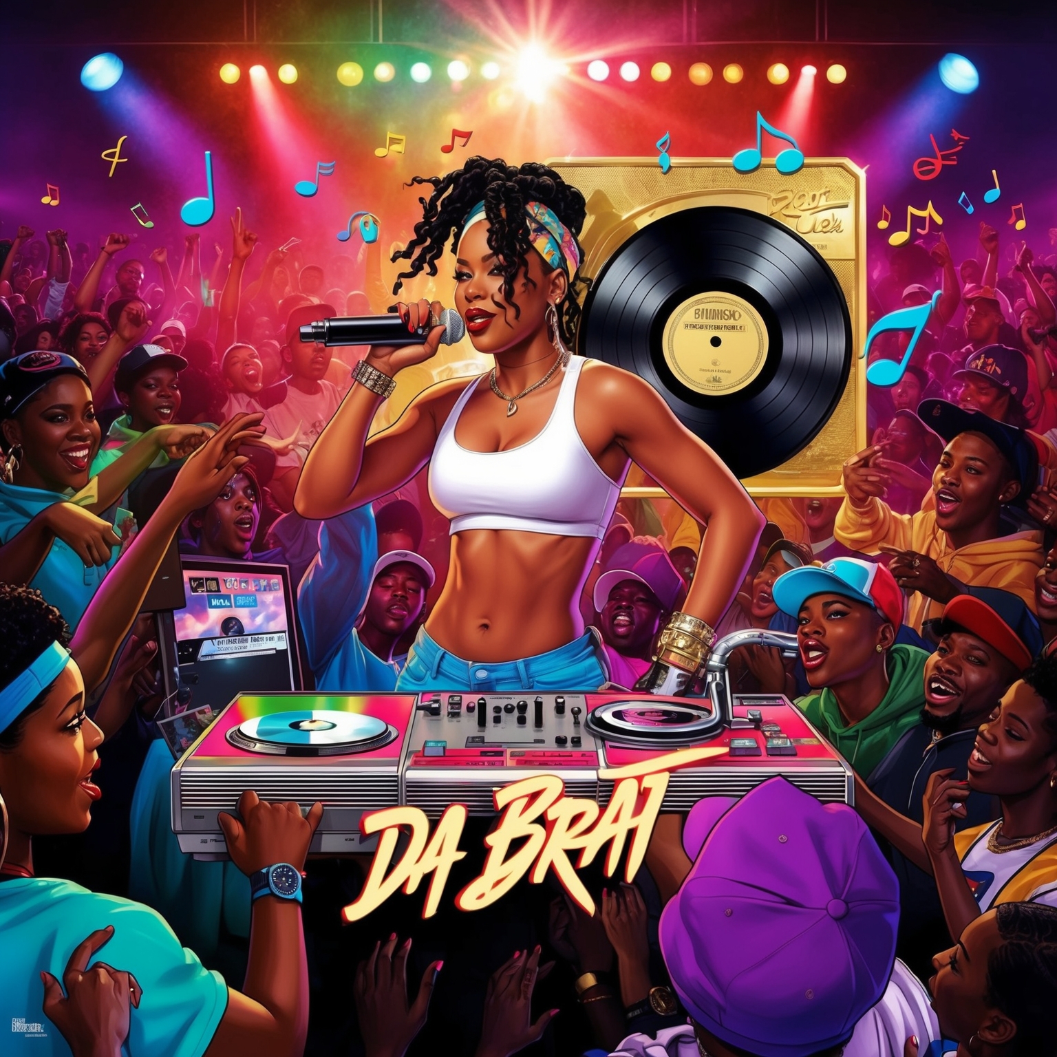 A vibrant and dynamic illustration depicting a 90s hip-hop concert scene, featuring a confident female rapper with an old-school microphone, surrounded by fans. Retro aesthetic with colorful lights and musical notes. Emphasize the energy of the 1994 hip-hop scene, capturing the vibes of Da Brat