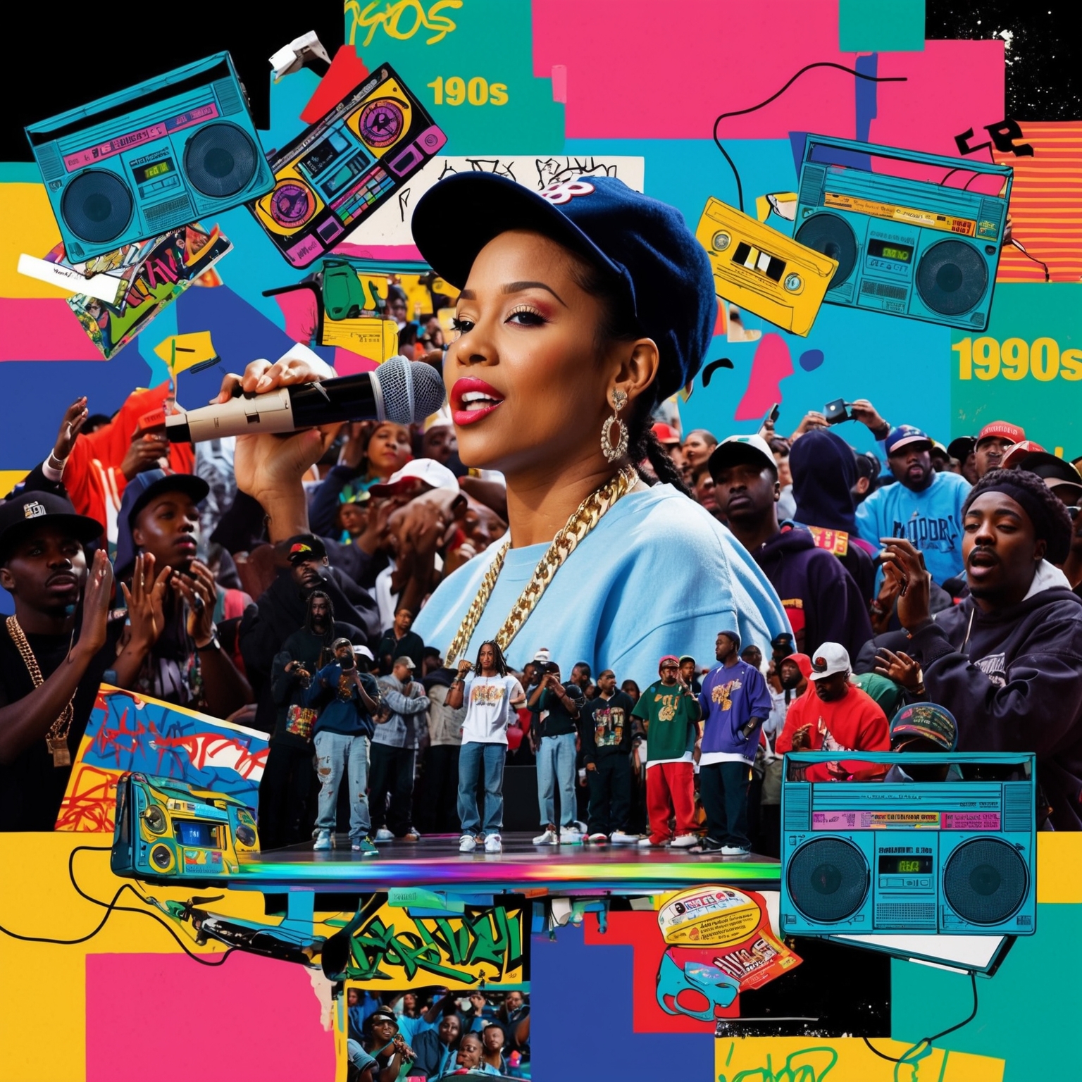 Create an image featuring a vibrant collage that includes elements of 1990s hip-hop culture. Show a female rapper on stage with a crowd looking inspired. Incorporate abstract elements symbolizing confidence and cultural references like graffiti, mixtapes, and boomboxes. Use a color palette that combines bright, energetic colors typical of hip-hop