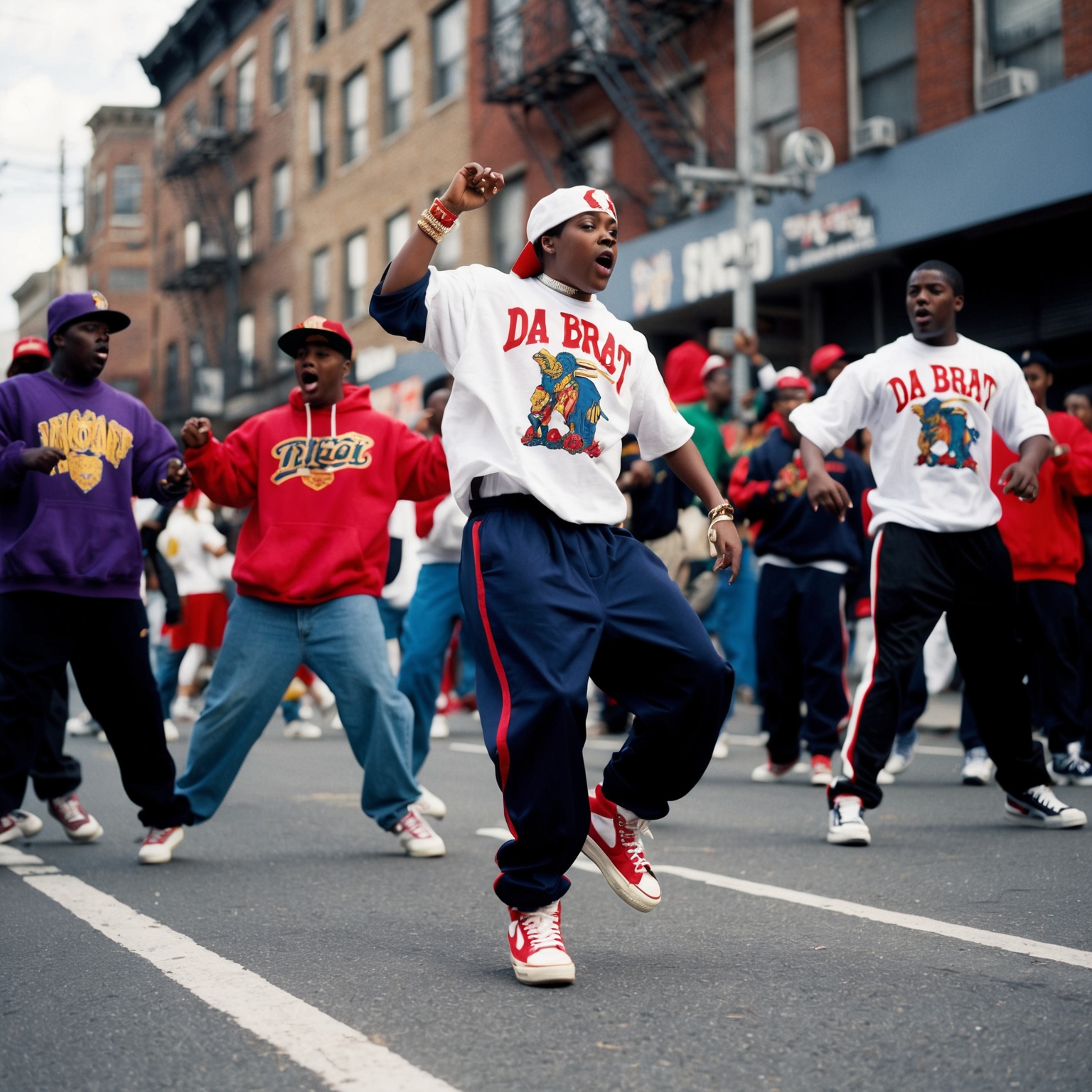 A vibrant 90s hip-hop scene with Da Brat performing energetically in urban street settings, capturing the essence of youthful confidence and revolutionary style. The scene includes bold fashion, dynamic poses, and evokes a sense of community.