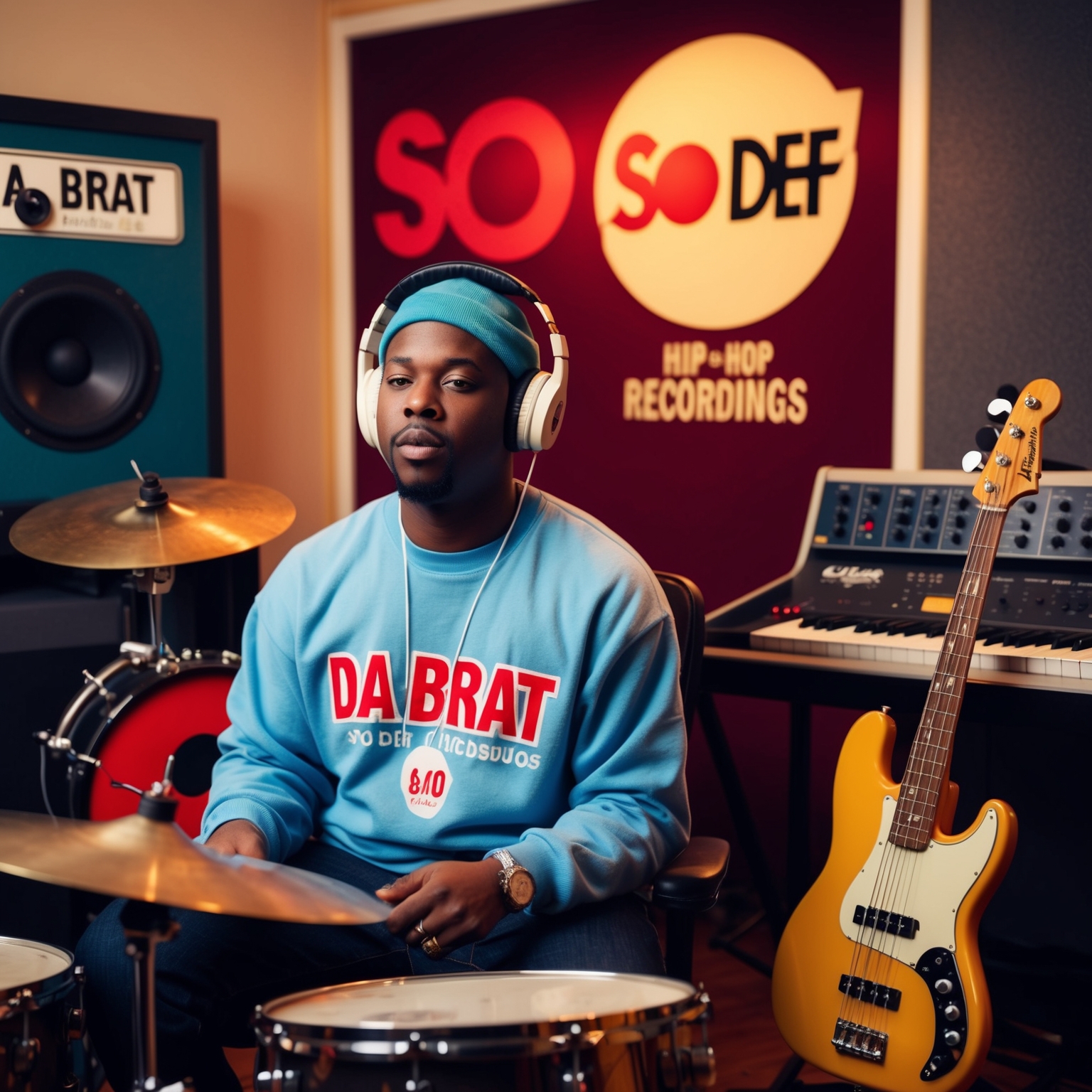 Create an image that captures a retro 90s hip-hop recording studio, focusing on Da Brat in the studio with headphones, a vintage drum machine, bass guitar, and synth. Include hints of the So So Def Recordings logo. The atmosphere should be creative and vibrant, reflecting the energy and innovation of the 