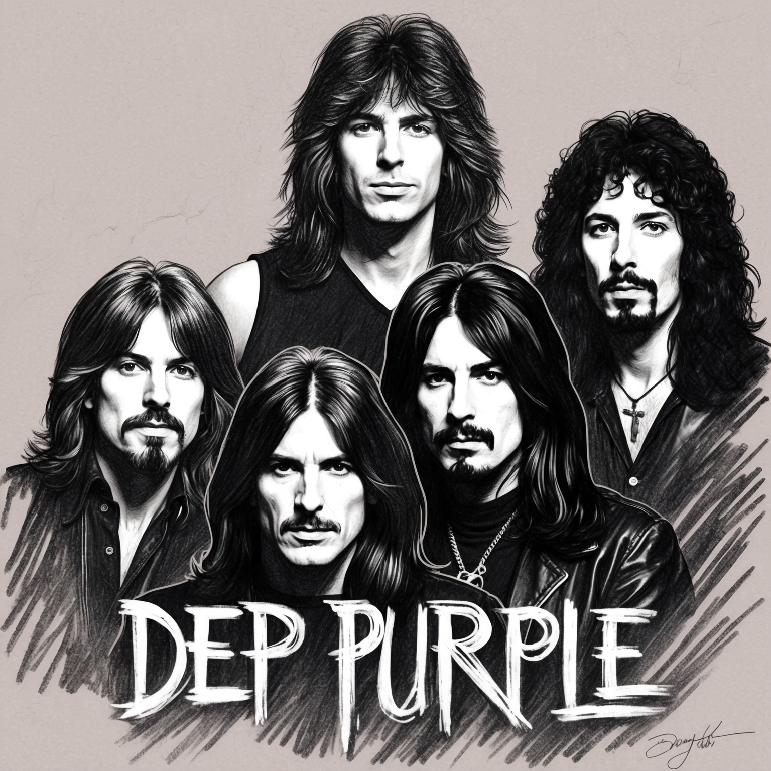 Create a charcoal, stylistic drawing of Deep Purple, a legendary rock band from the 1970s. The portrait should be black and white, depicting the band members in a half-finished, artistic style, capturing their essence and energy during their iconic era.