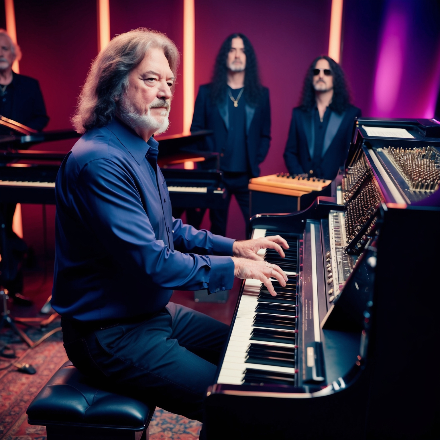 A portrait of Jon Lord playing the Hammond organ in a dimly lit studio with Deep Purple band members in the background, showcasing a blend of classical and rock elements.