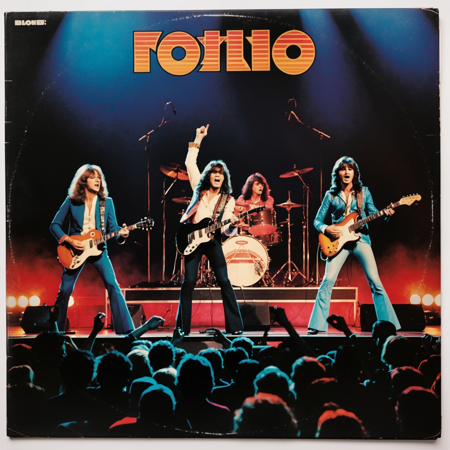 A vintage album cover featuring an iconic 1970s rock band on stage, performing in front of a large crowd, capturing the essence of a classic rock era, vibrant colors and dramatic lighting, capturing the intensity and emotion of a live performance.