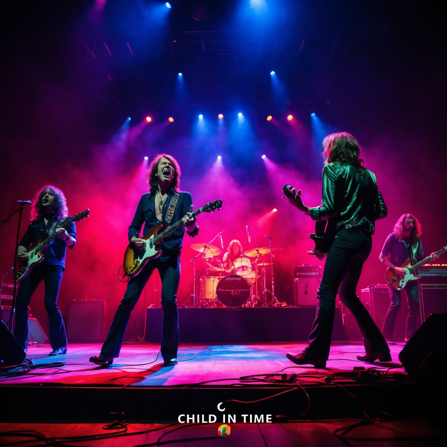 A vibrant and immersive scene depicting a live performance capturing the intense energy and atmosphere of a 1970s rock concert. Focus on the band with a charismatic lead singer in mid-performance, dramatic lighting enhancing the scene with a surreal and psychedelic aesthetic, capturing the essence of 