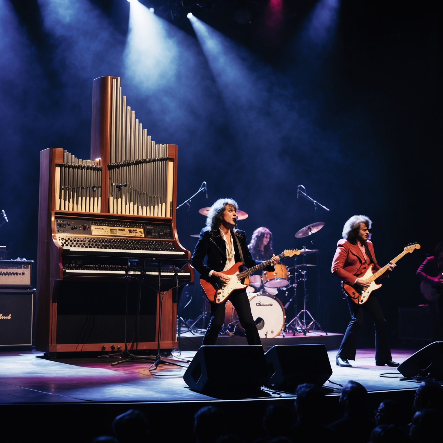 Artistic depiction of a 1970s rock band performing a complex musical piece on stage. Key elements include a prominent Hammond organ, a dynamic lead guitarist, and a powerful vocal performance. Capture the intense atmosphere of a live performance with dramatic lighting and a focused audience. Emphasize the emotional crescendo and complexity of the music being played. The setting should reflect an iconic 1970s concert atmosphere.