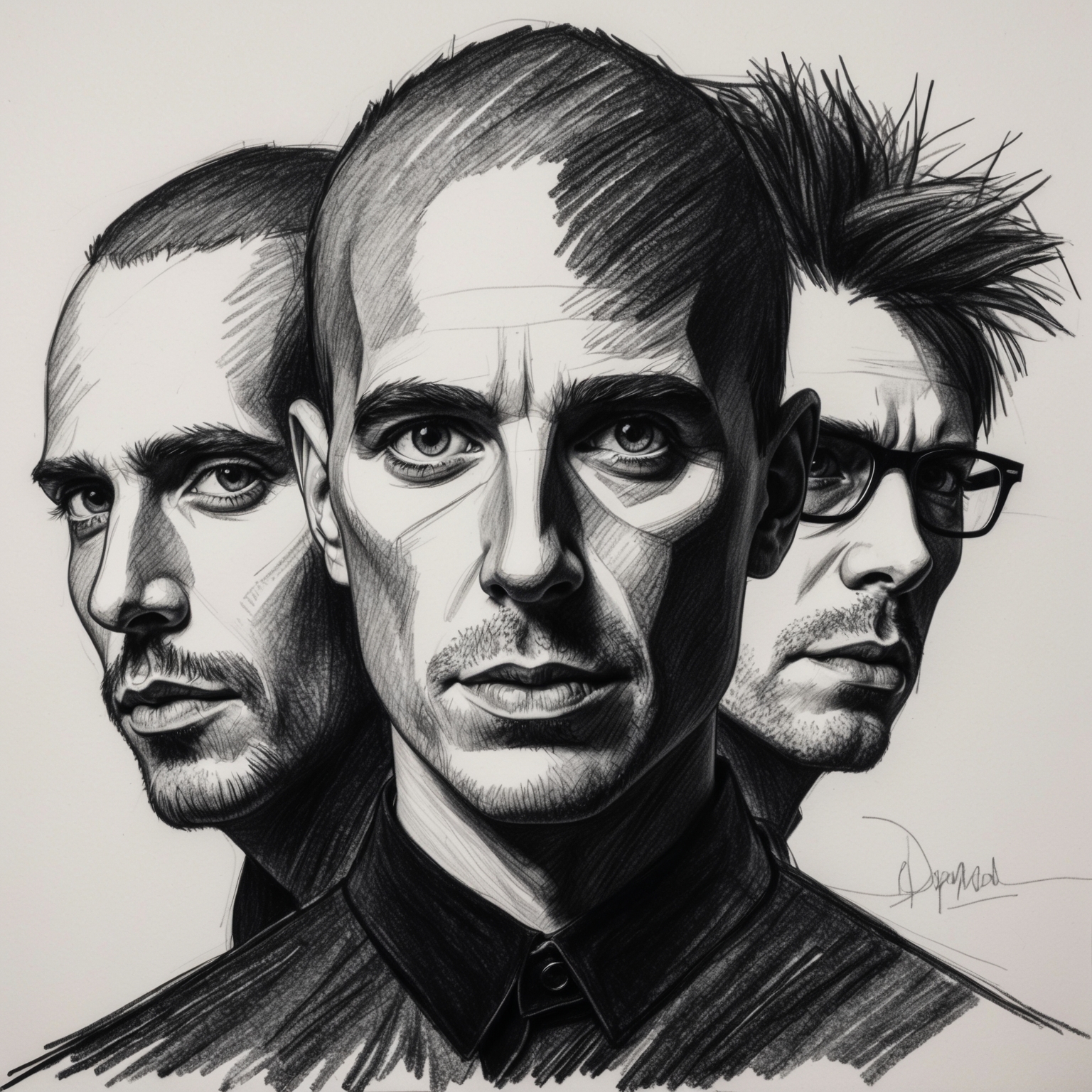 Create a black and white charcoal portrait of Depeche Mode that captures a stylistic, half-finished feel, focusing on their enigmatic presence as an influential synth-pop band.