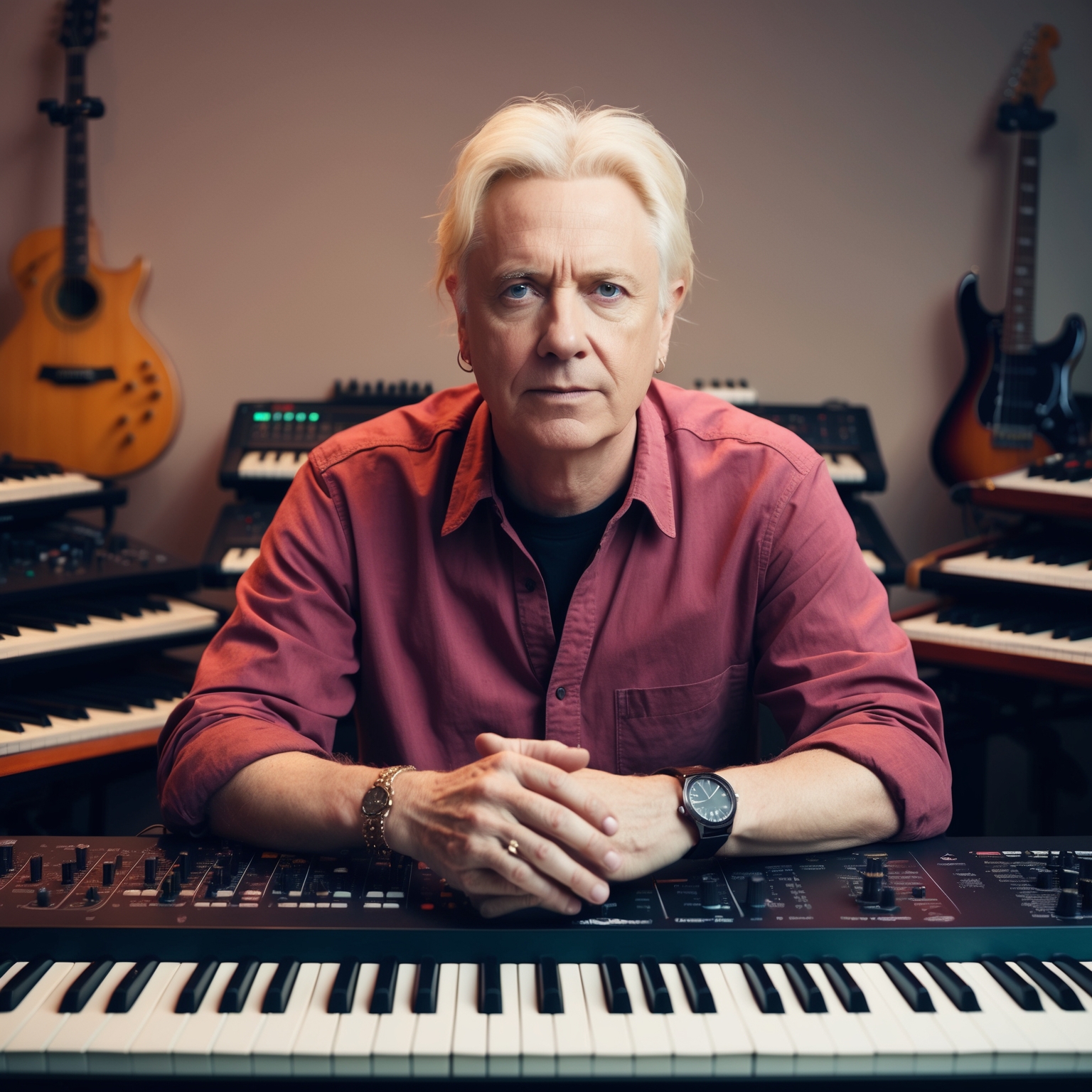 Portrait of Martin Gore, composer of Depeche Mode, in a music studio surrounded by keyboards and guitars, with an expression of deep thought and creativity, capturing the essence of electronic pop music, a blend of introspective and innovative style.