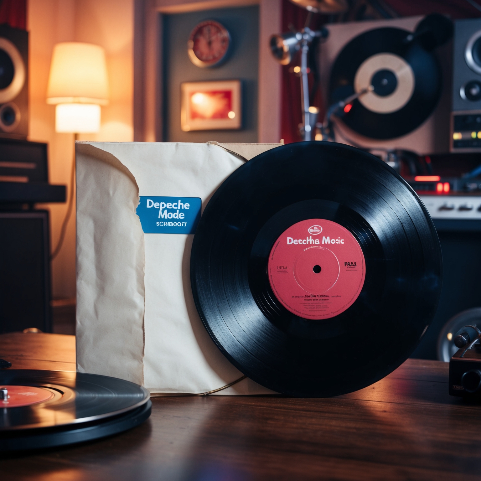 Create an evocative image of a vintage vinyl record, partially out of its sleeve, labeled with the text 