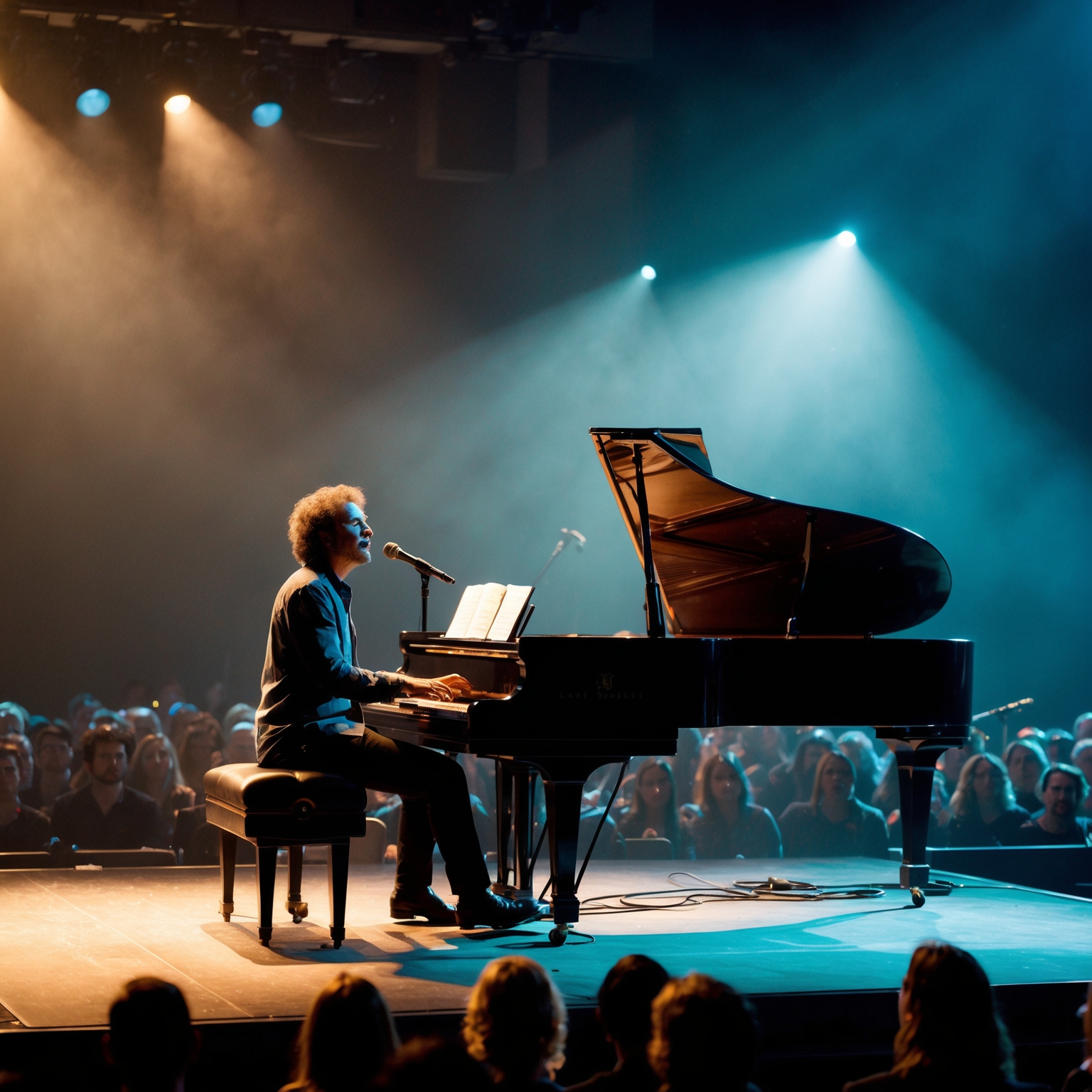 An intimate and atmospheric concert setting where an artist, illuminated by soft spotlights, plays the piano and sings to an engaged audience, capturing a sense of emotional connection and vulnerability.