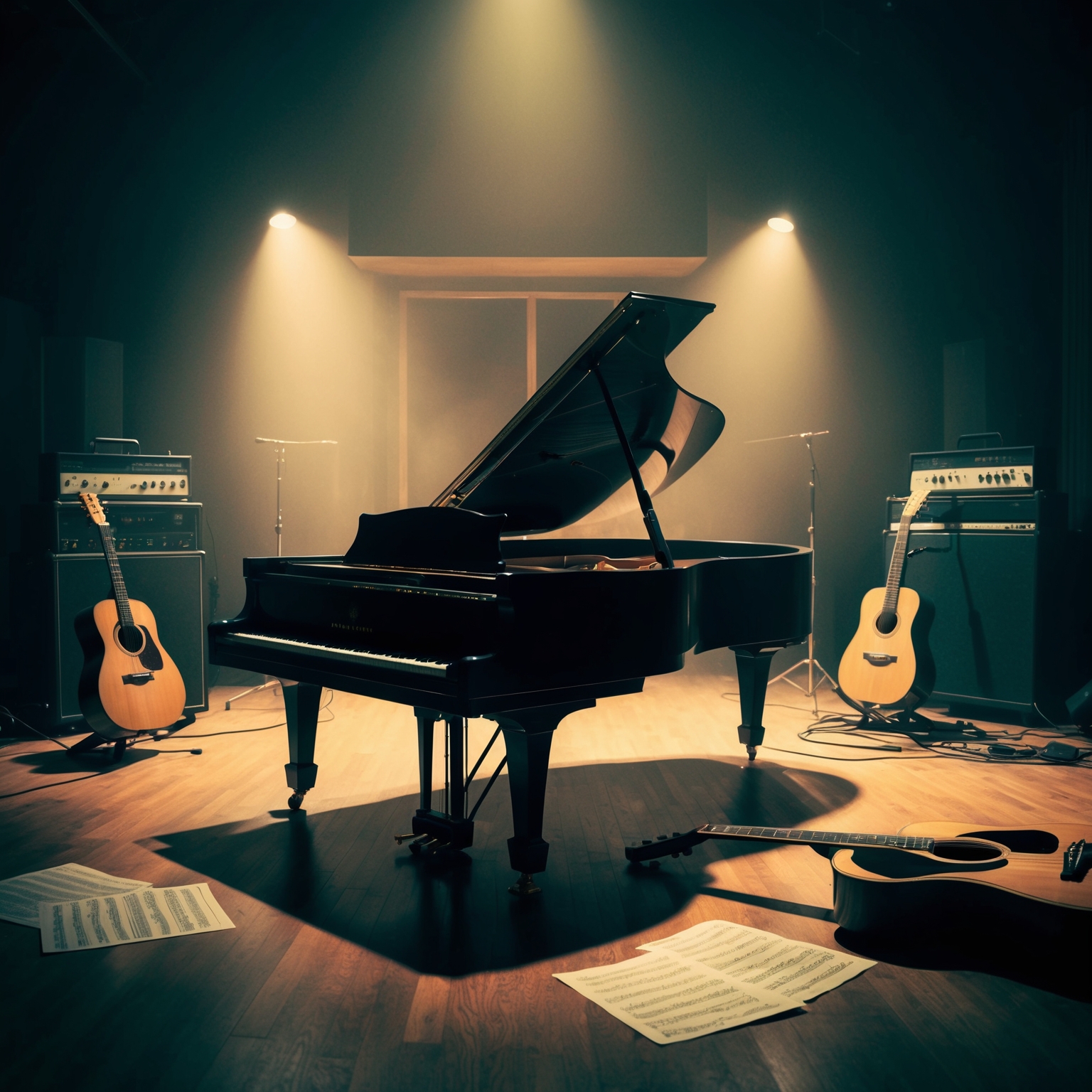 A serene recording studio with dim lighting and vintage equipment. A grand piano takes center stage, flanked by acoustic guitars, with sheet music scattered around. The atmosphere is calm and introspective, evoking a sense of timeless musical creation. The scene captures a 1980s aesthetic and hints at Depeche Mode