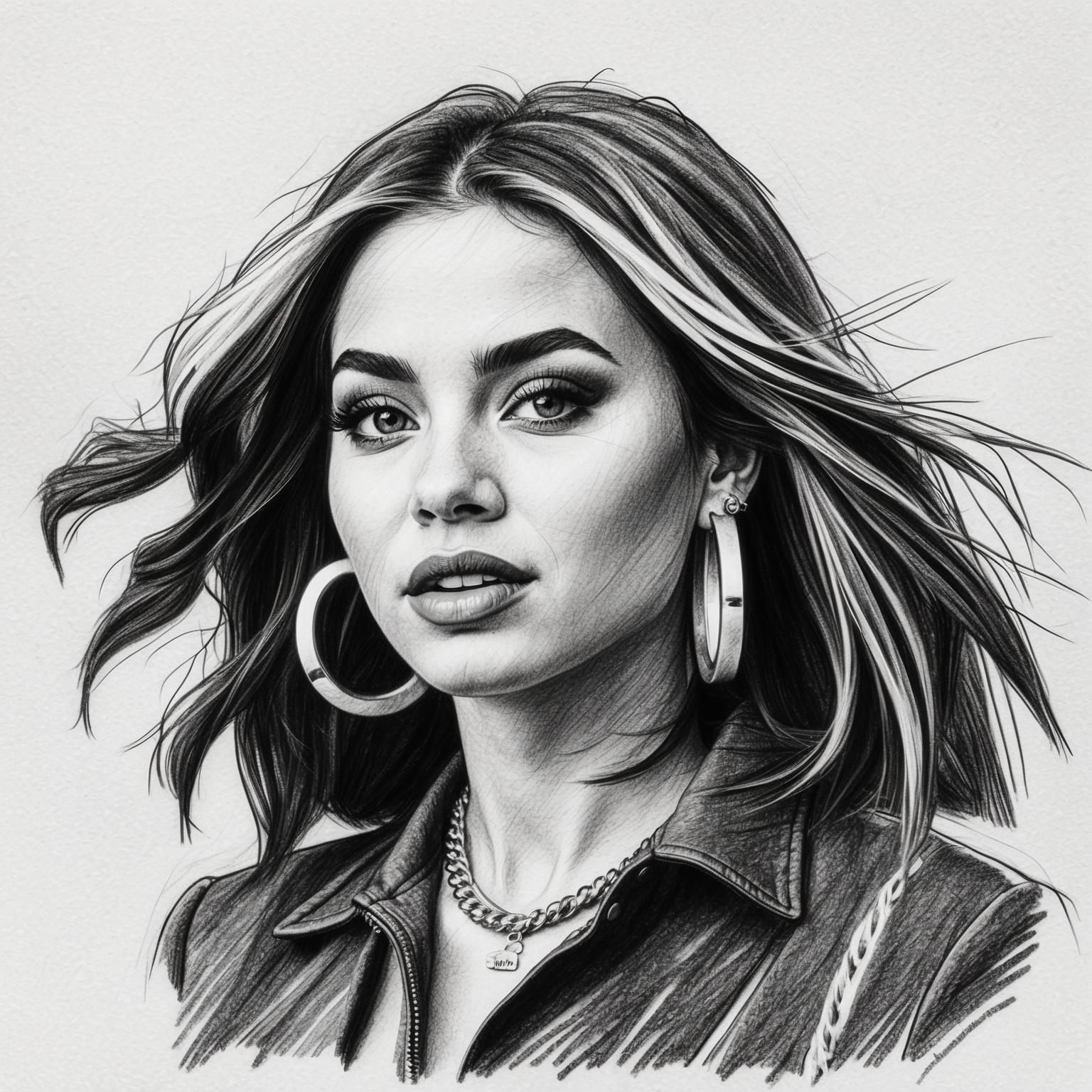 Create a charcoal portrait of Dua Lipa in a stylistic black and white rendering with a half-finished feel, highlighting her distinctive features and dynamic presence.