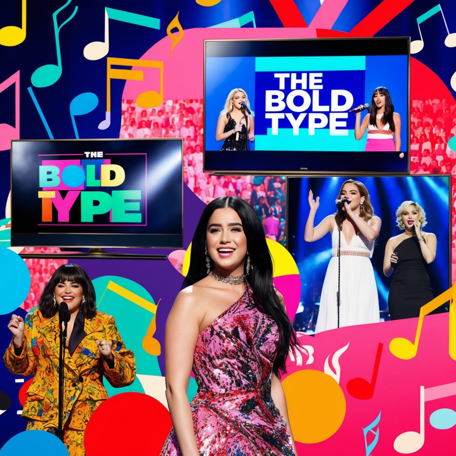 A vibrant collage depicting a music award show setting with Dua Lipa in the foreground, surrounded by abstract representations of music notes, TV screens showing 