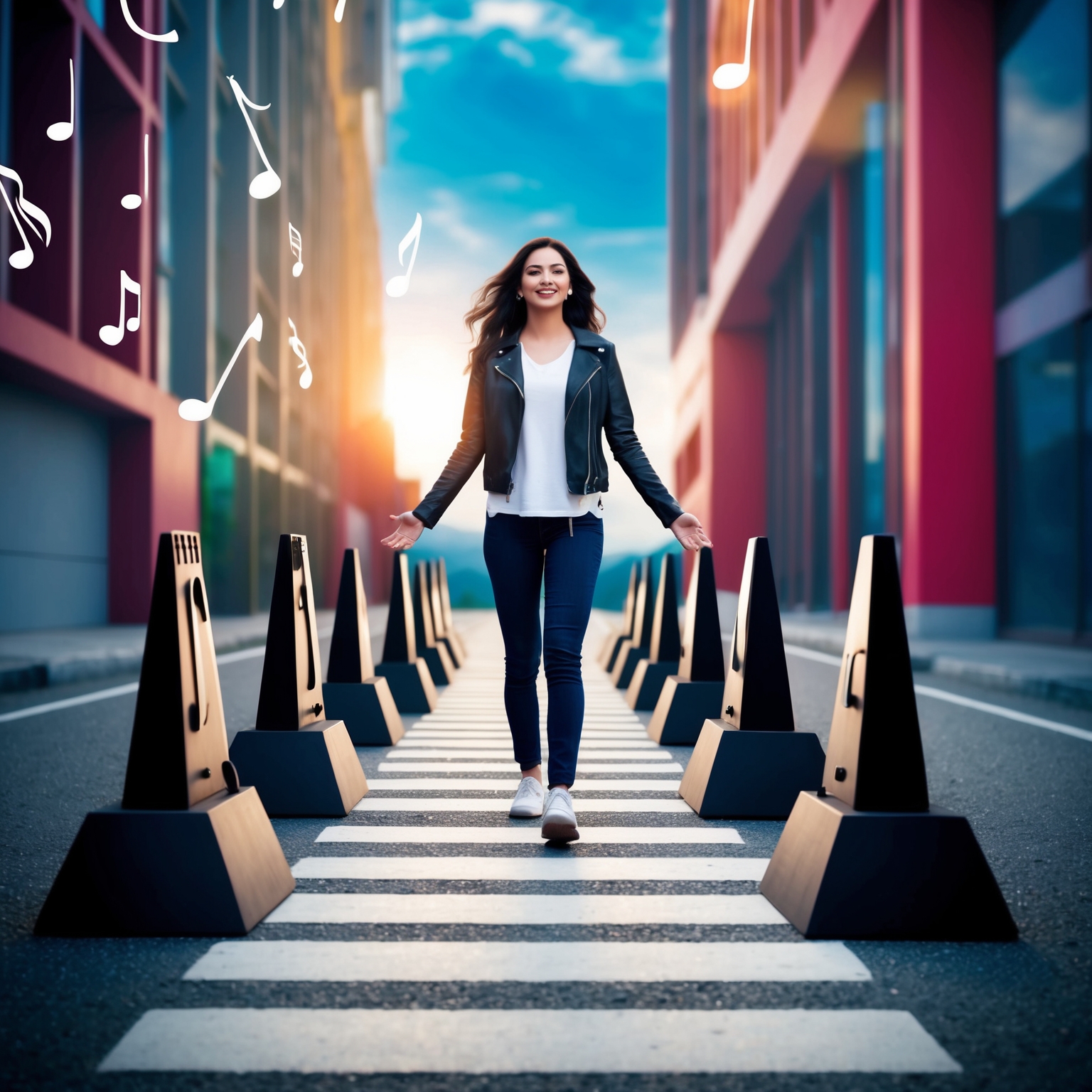 Illustrate a scene of empowerment and determination, featuring a young woman confidently facing a path lined with symbolic roadblocks representing challenges. The setting should be modern and vibrant, with elements reflecting the empowering theme of music, such as musical notes or headphones subtly incorporated into the background.