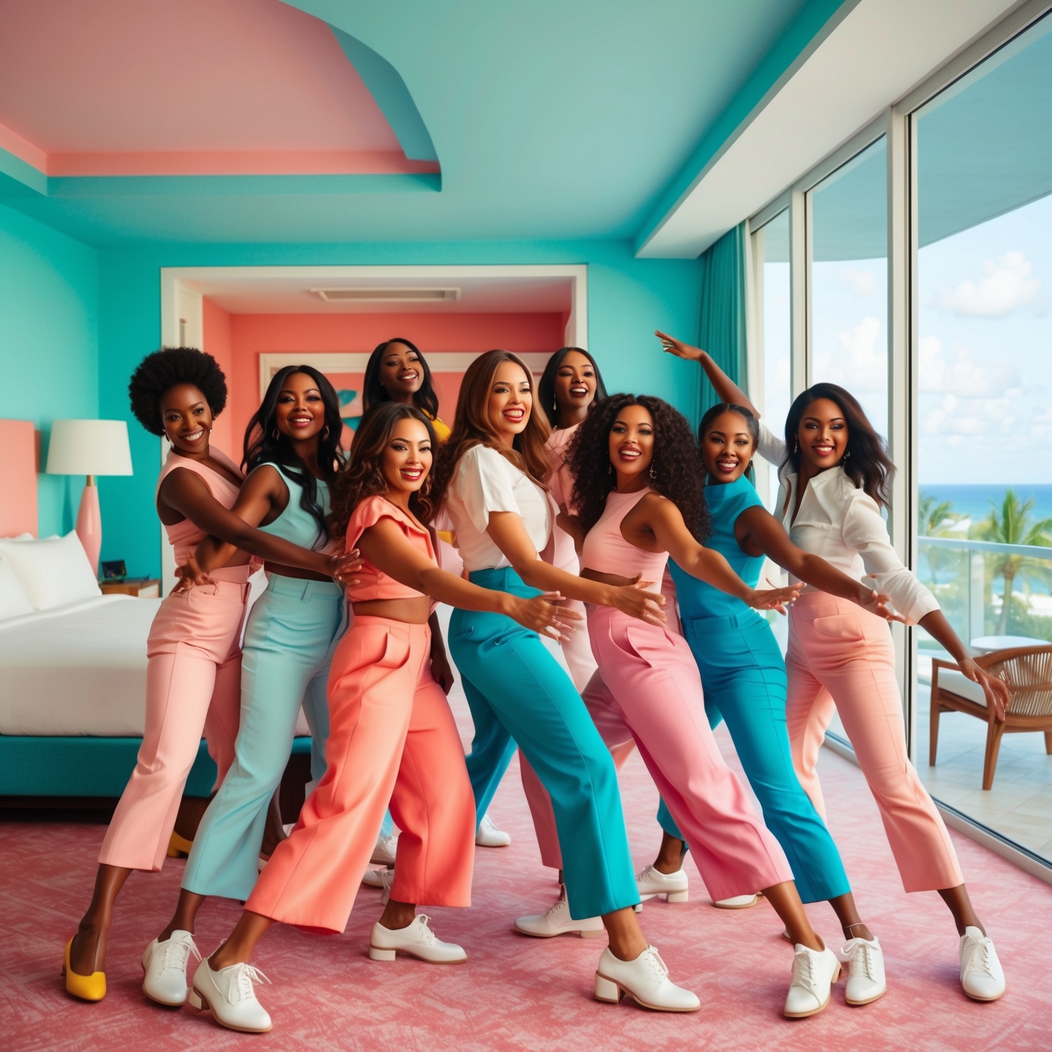 A vibrant and stylish portrayal of a group of women inside a pastel-colored Miami hotel, with dynamic choreography and a lively color scheme reflecting themes of empowerment and friendship. The setting includes a luxurious hotel room and stunning exterior views to convey unity and resilience.