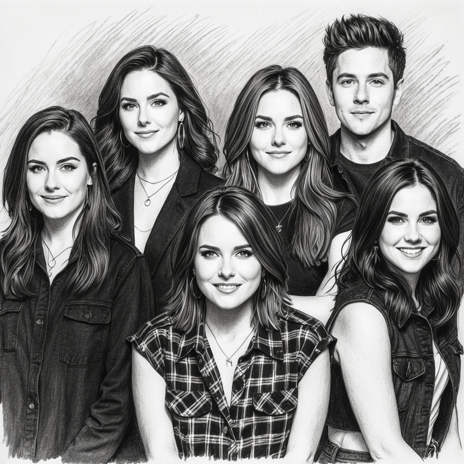 Black and white charcoal portrait of Fifth Harmony featuring their five members, capturing a half-finished, stylistic look with emphasis on their dynamic presence during the 