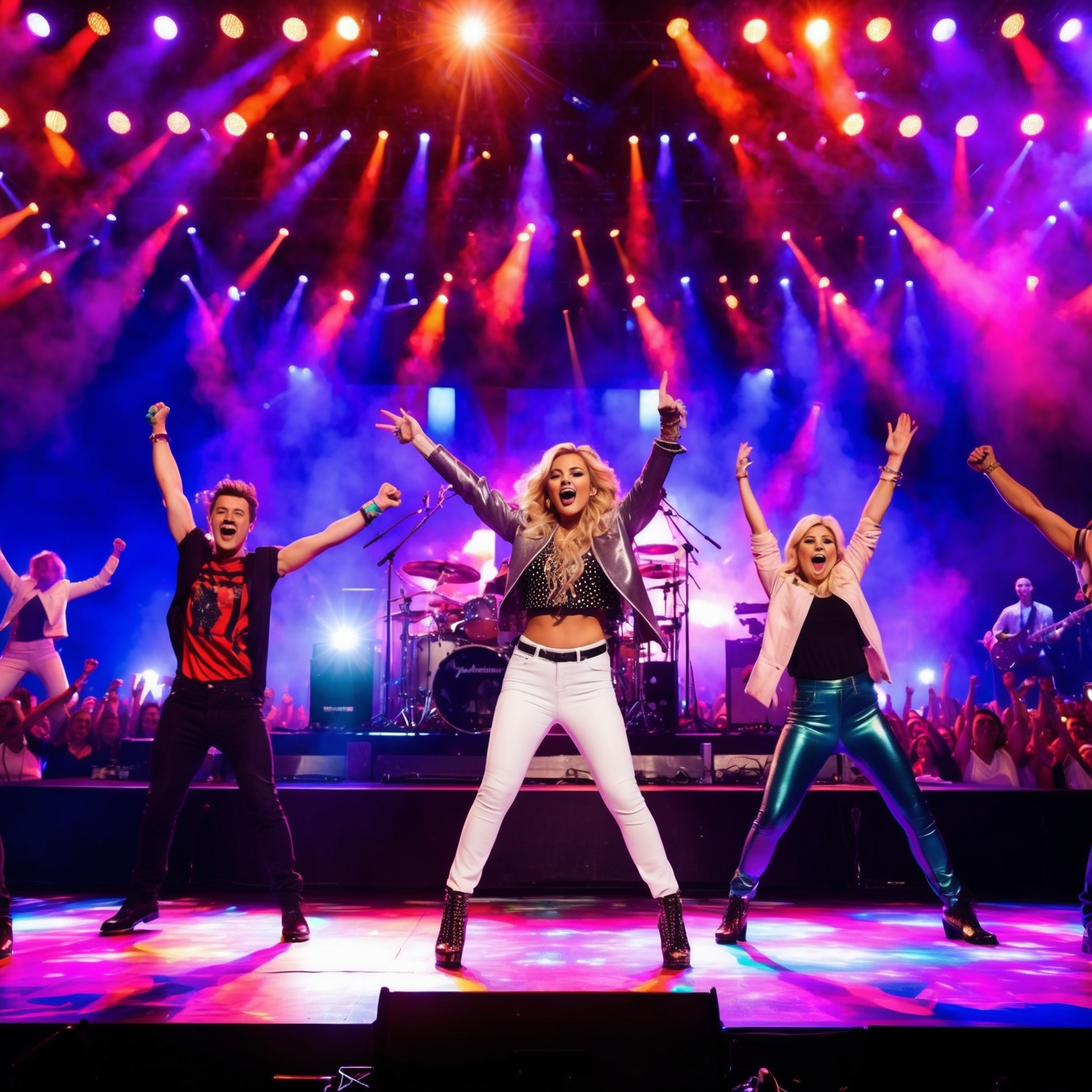 An electrifying scene of a concert stage filled with vibrant lights and a jubilant crowd. A pop music band performs energetically, with dancers and a dynamic setup, capturing the essence of a chart-topping live performance.