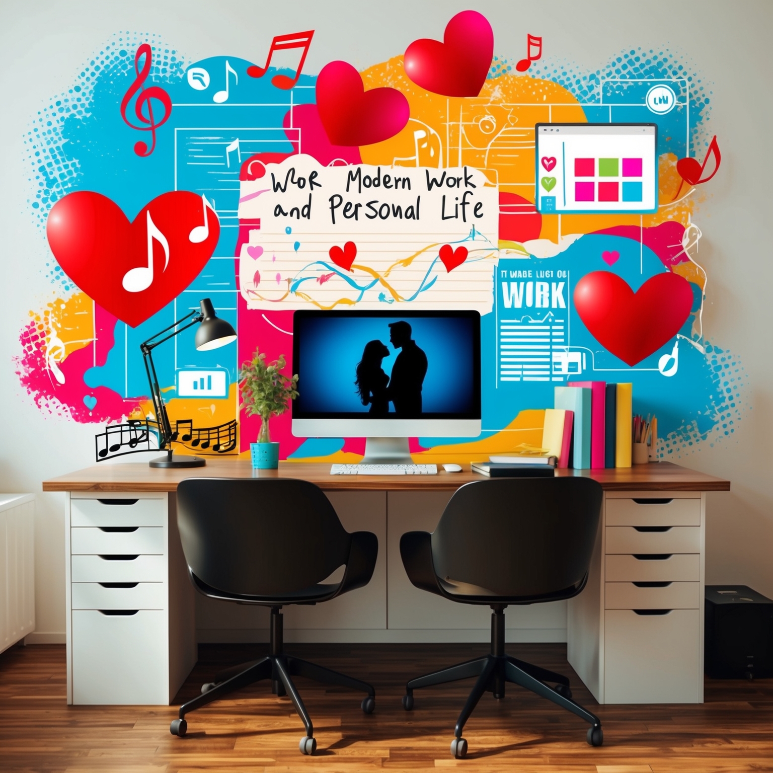 A vibrant illustration depicting the dynamic between modern work and personal life. The image should feature a home office setting merging with romantic elements, like hearts and couple silhouettes. Include musical notes and digital work symbols to highlight the song