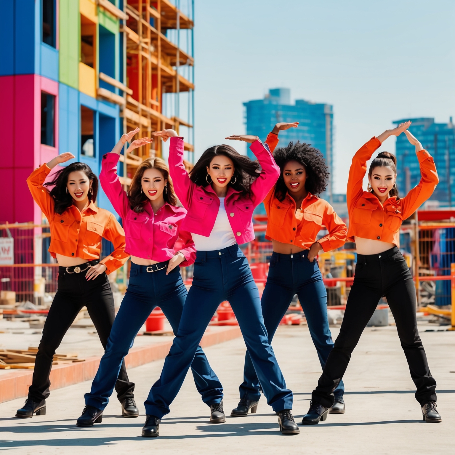 A vibrant and dynamic music video scene with five young women in stylish work attire performing synchronized dance moves at a colorful construction site, capturing urban energy and pop sensibility, directed by a renowned music video director.