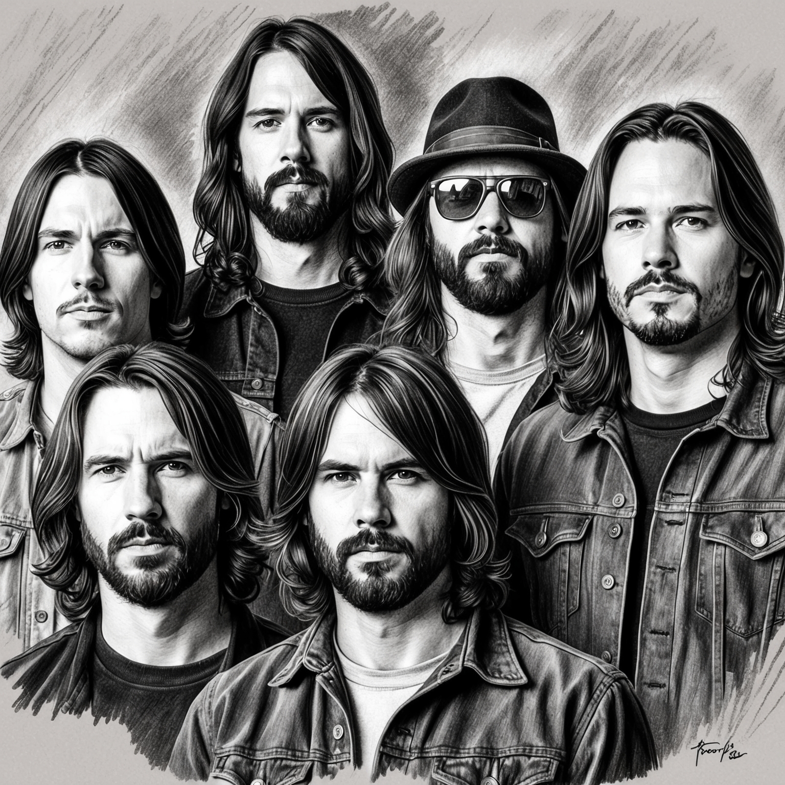 Create a black and white charcoal portrait of the Foo Fighters band, reflecting a half finished stylistic drawing. Capture the essence of the band members around the era of 