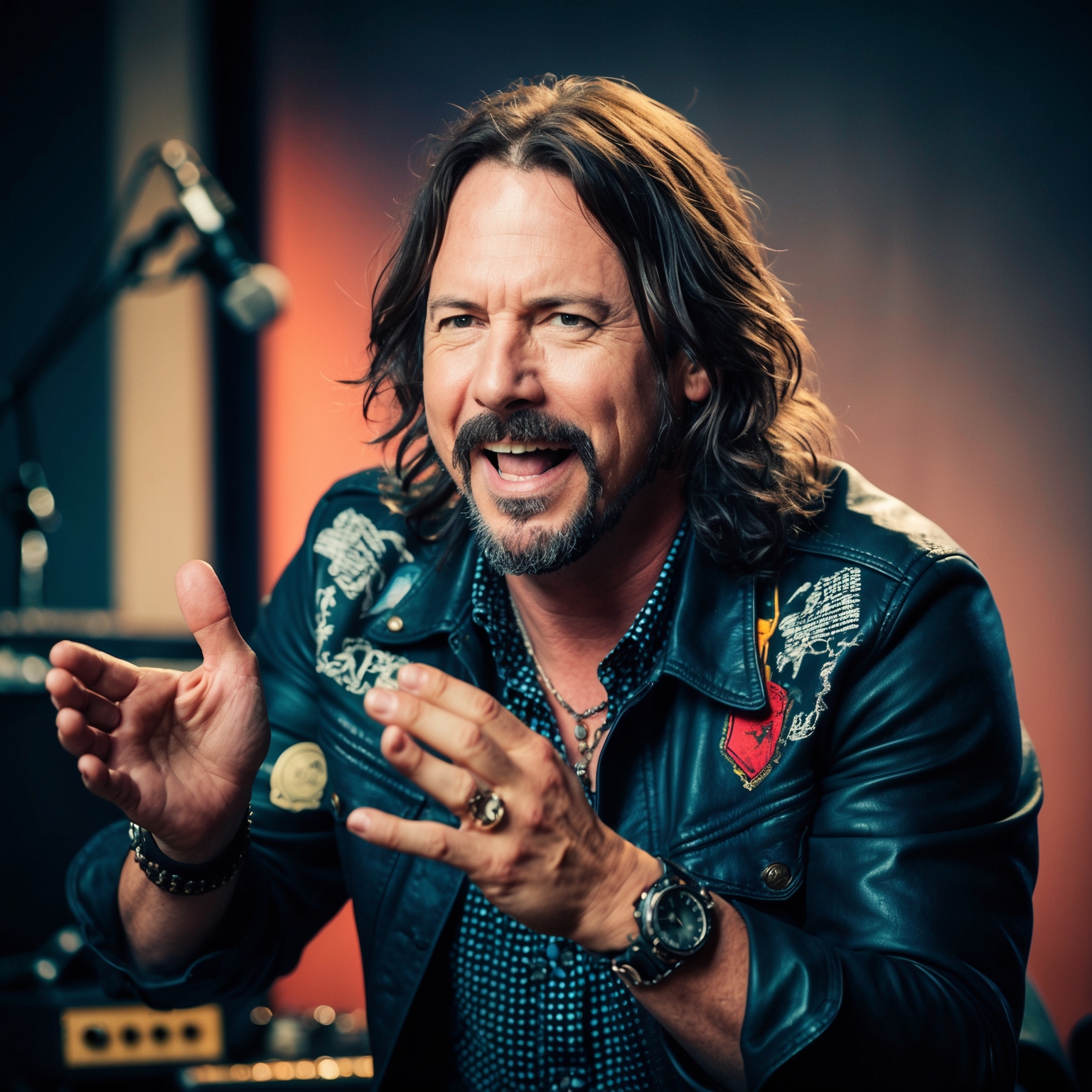 A portrait of Dave Grohl, blending elements of rock and punk aesthetics, emphasizing his role as a composer and musician, capturing him in an animated and dynamic pose, conveying passion and creativity, with a backdrop hinting at a music studio setting.