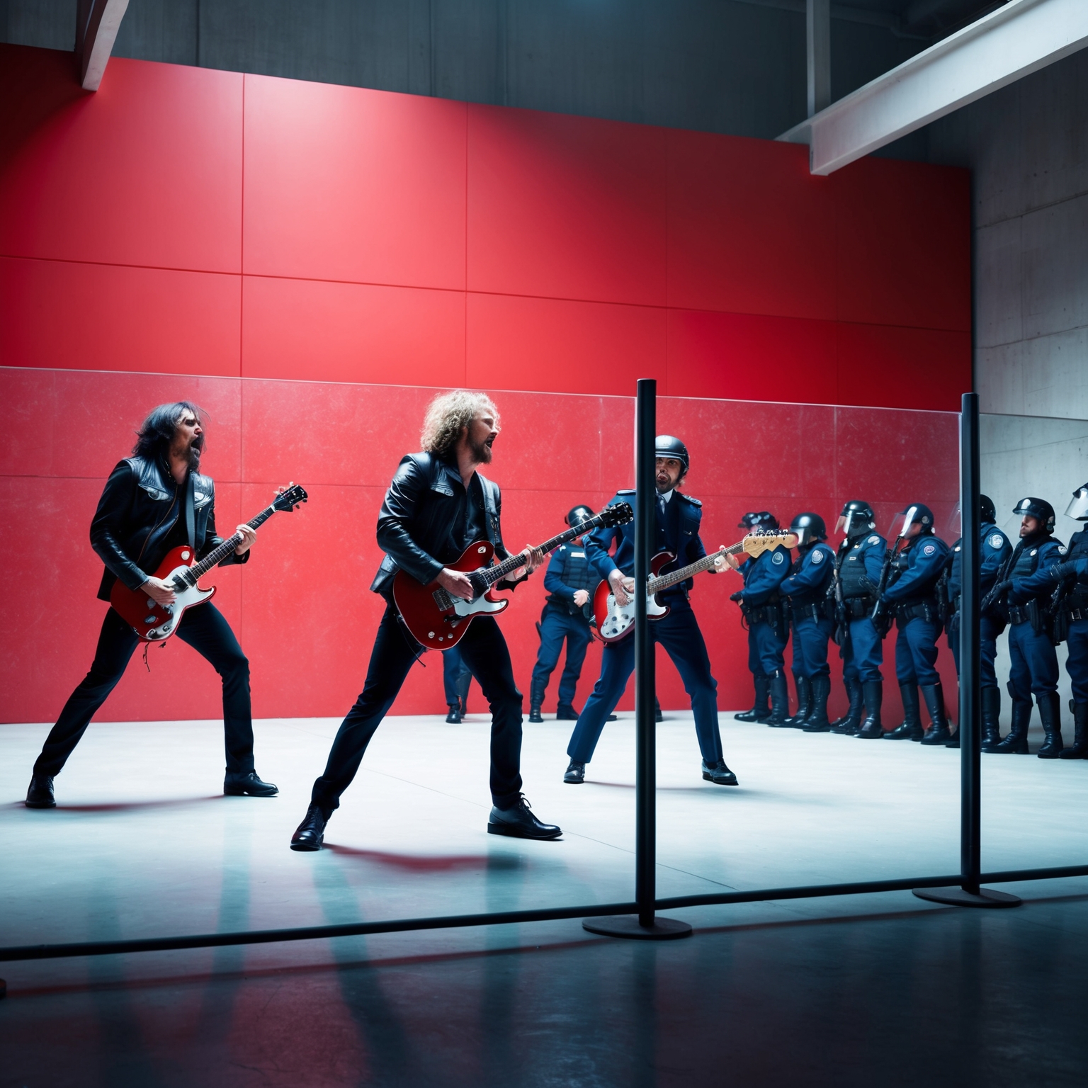 A dynamic rock band performing passionately in an industrial, minimalist space with a large, red backdrop. The scene includes a transparent barrier between the band and a line of riot police, emphasizing tension and impending confrontation in a modern, dramatic style.