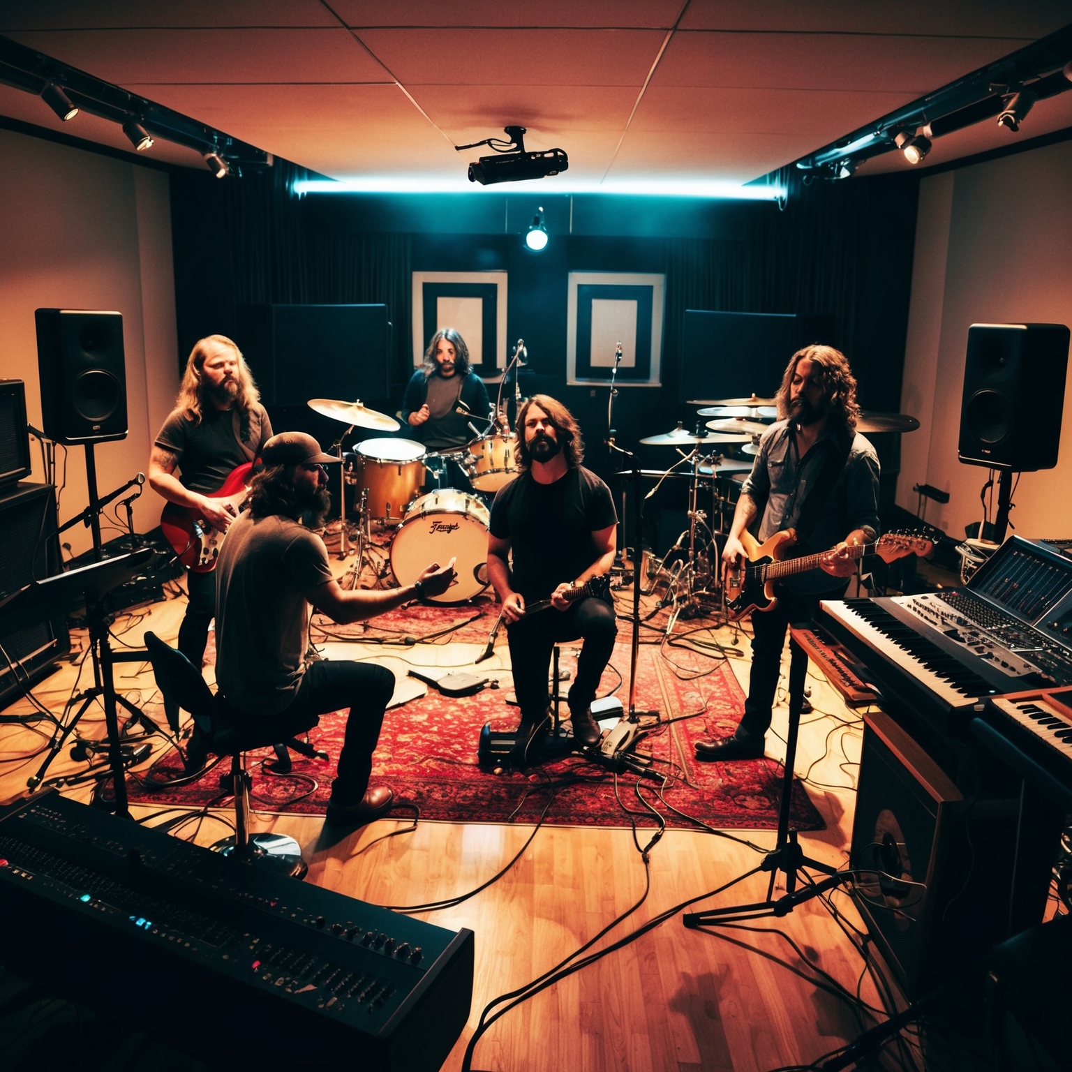 Image depicting Foo Fighters in a recording studio setting, capturing an atmosphere of creativity and intensity. The studio is filled with instruments like electric guitars, drum kits, and keyboards, reflecting the band