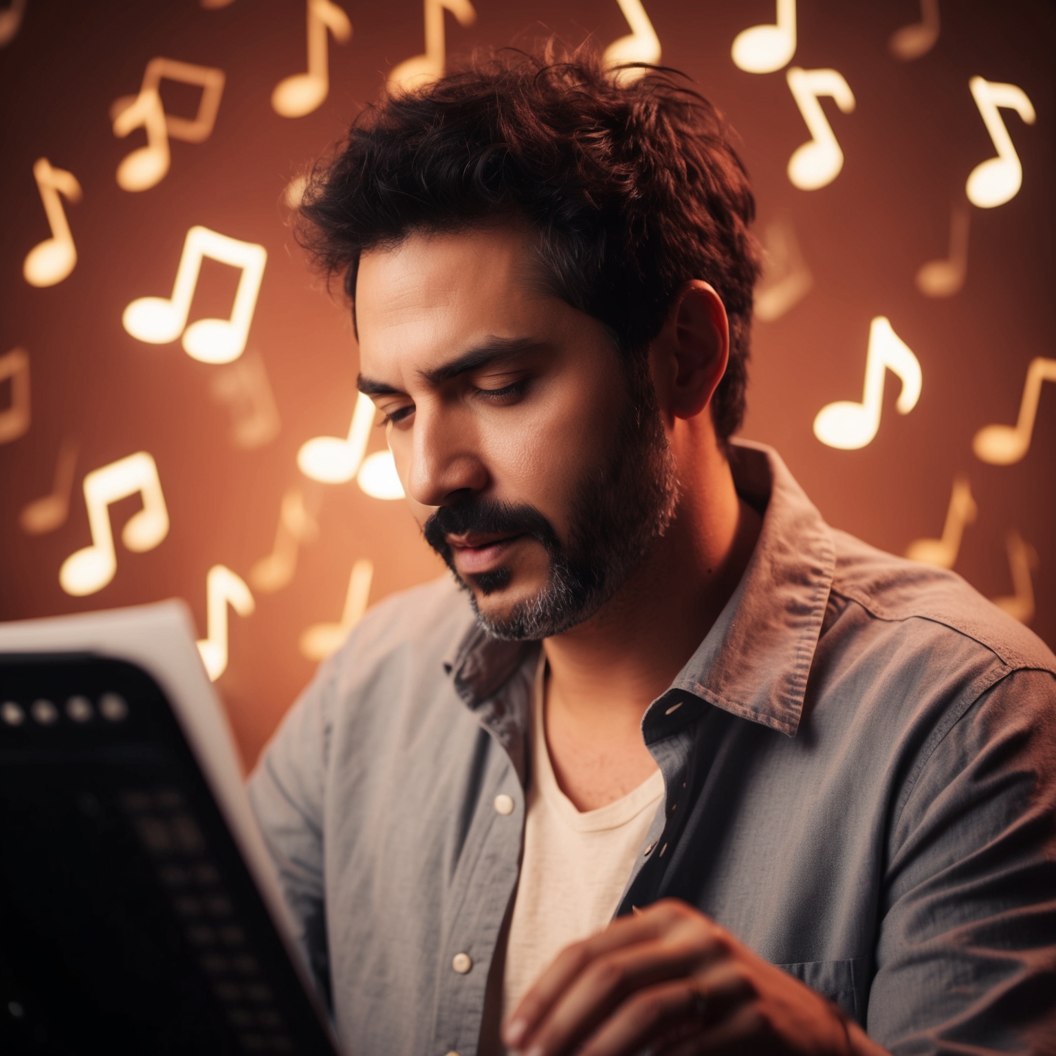 A portrait of a composer deeply engaged in creating music, surrounded by musical notes and a warm, soulful ambiance, evokes a sense of creativity and musicality.