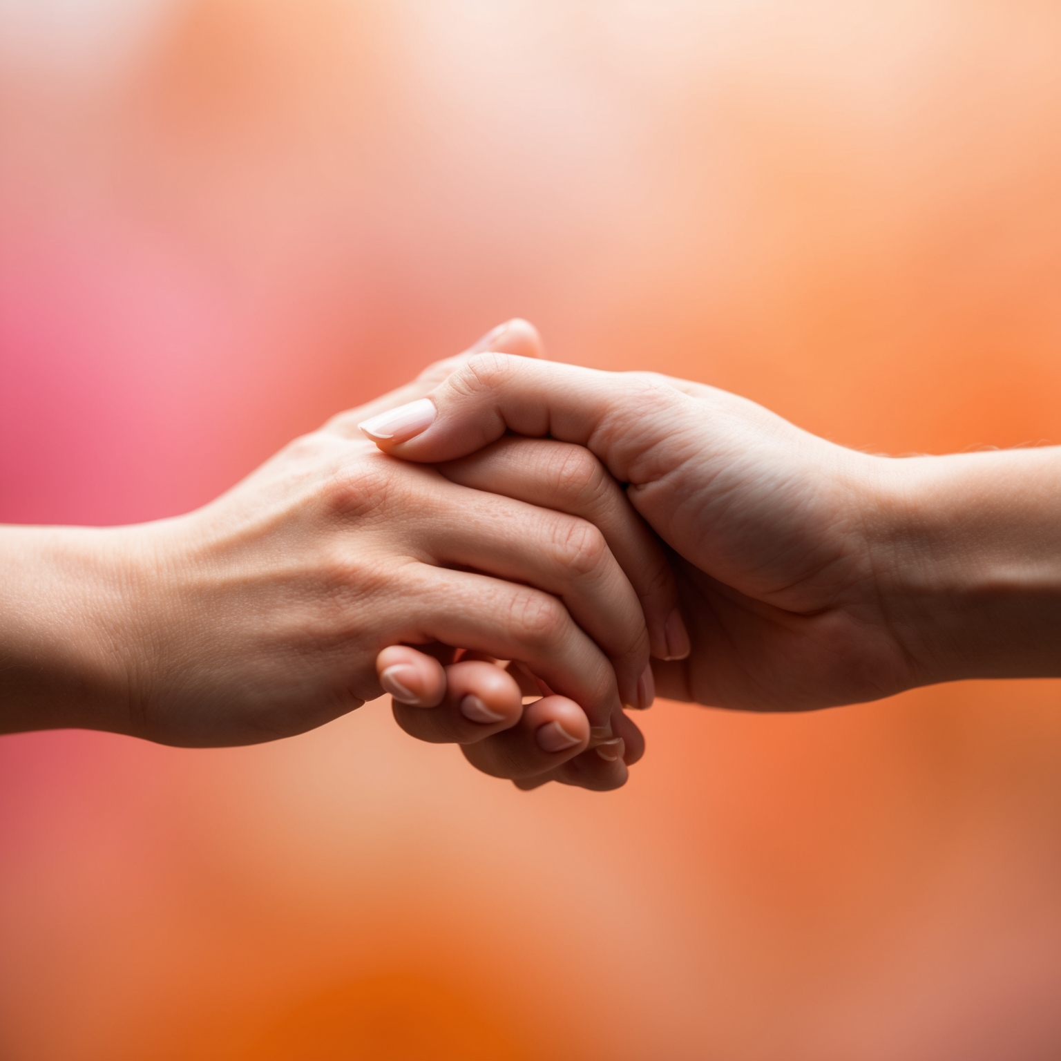 A close-up image depicting two hands gently touching, symbolizing connection and intimacy. The background should be a soft, blurred array of warm colors like orange and pink, evoking emotions of love and warmth. The setting should be abstract, allowing for an ethereal and timeless quality to mirror the essence of Gabrielle