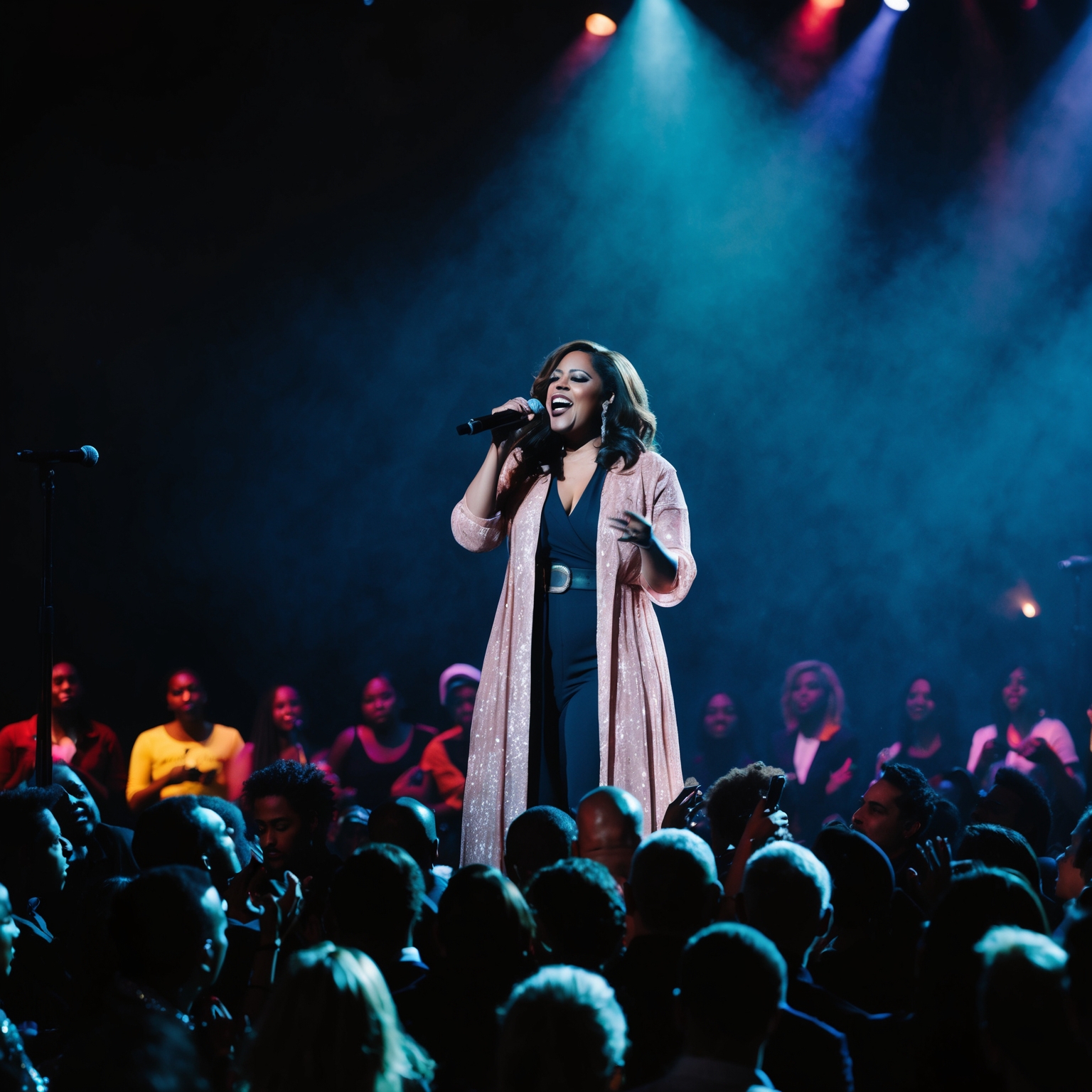 A captivating live performance of a soulful singer on stage, with emotive lighting and an audience captivated by the music. The scene conveys a sense of connection and emotional depth, reflecting the soul-stirring themes of the song.