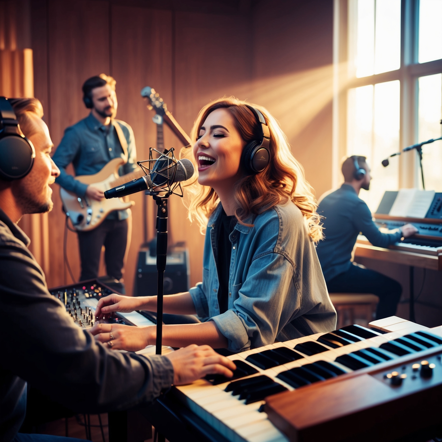 A digital illustration depicting a studio recording session with a female artist singing into a microphone, surrounded by musical instruments such as guitars, piano, and synthesizers. The ambiance should be warm and inviting, showcasing sound engineers working at a console. The scene should capture a sense of collaboration and creativity, reflecting a modern yet soulful musical recording atmosphere. Light streaming through a window, adding depth and highlighting the artist