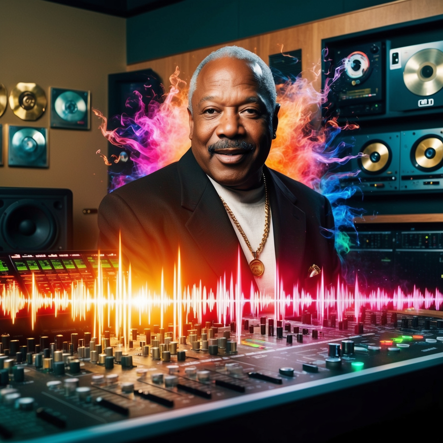 A creative composite image of Quincy Jones III, renowned music producer, with vibrant sound waves emanating from a mixing console, showcasing the iconic West Coast hip-hop vibe. In the background, elements of a 90s recording studio set, featuring gold and platinum records on the wall, symbolizing his notable contributions to the hip-hop industry. The scene should capture the essence of musical creation and influence in the lively hip-hop era.