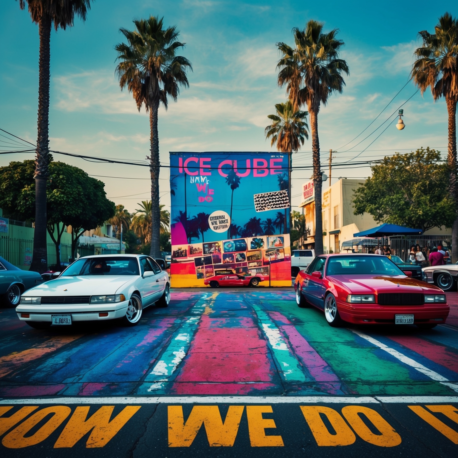 Create an image depicting an urban scene that embodies the laid-back West Coast vibe of 90s hip-hop music, with elements like palm trees, lowrider cars, and a vibrant street backdrop reminiscent of a classic music cover. Capture the essence of Ice Cube