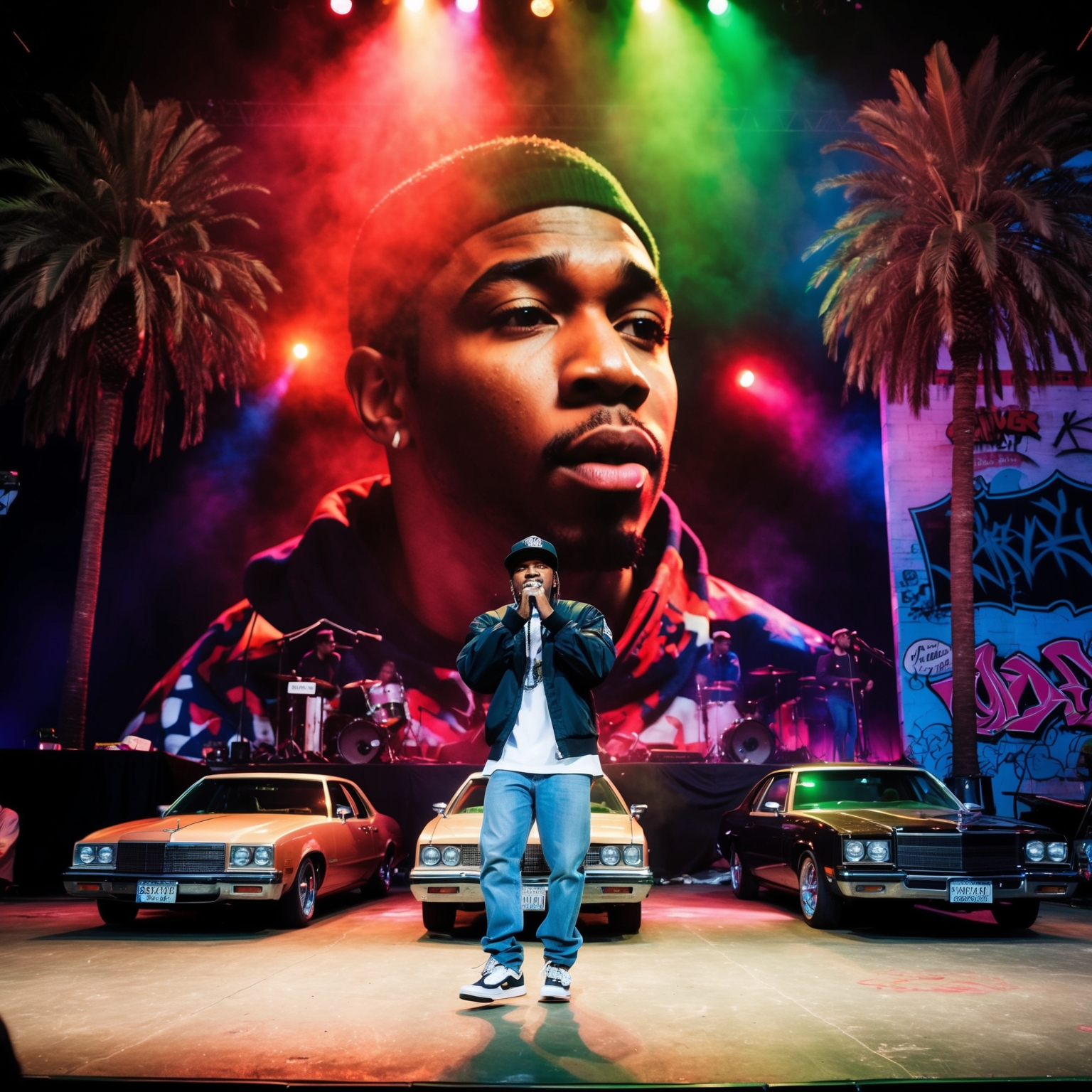 A dynamic portrait of a rapper on stage with a vibrant backdrop, capturing the energy of a West Coast hip-hop concert in the early 