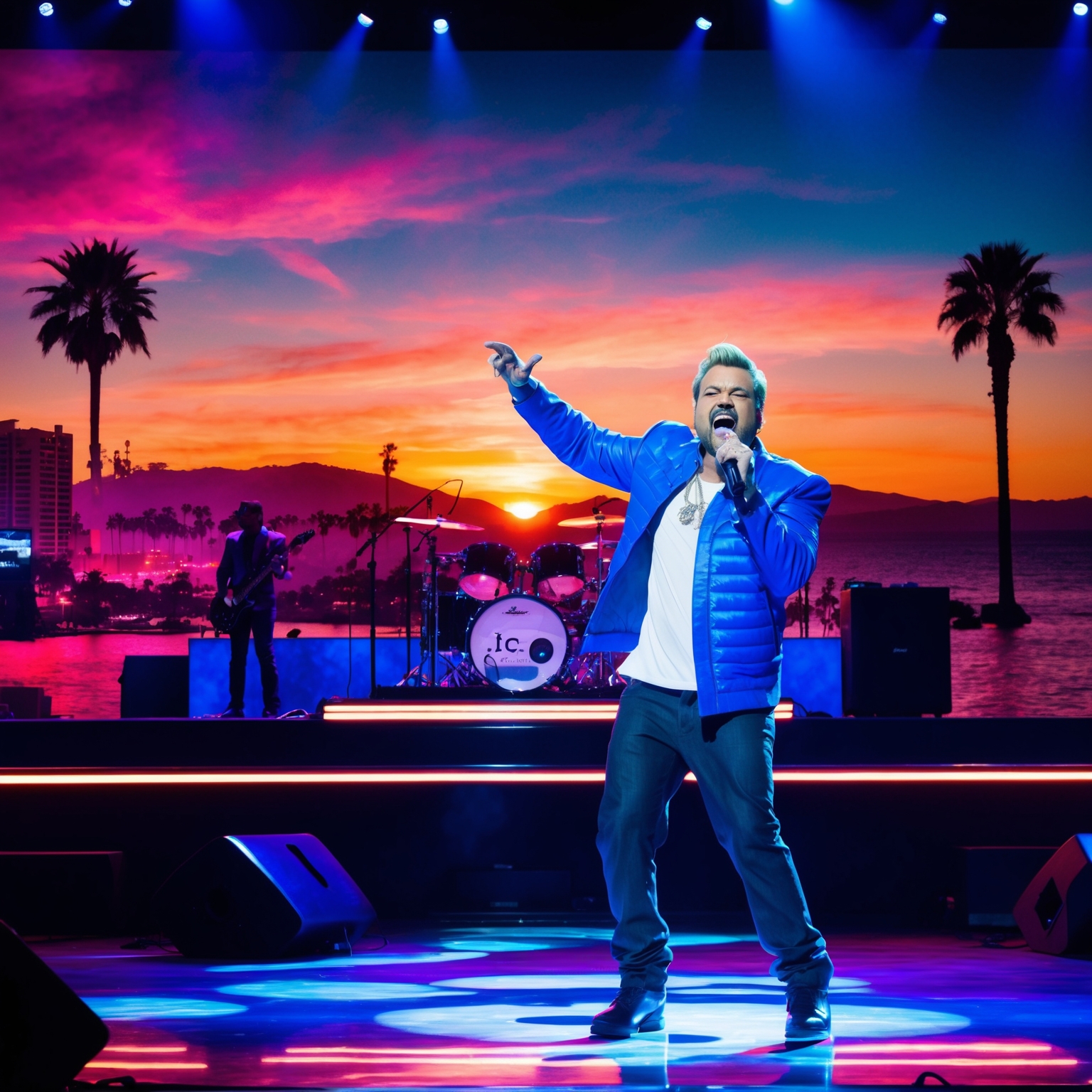 Envision a captivating stage set from an Ice Cube concert featuring bold West Coast landscape visuals like palm trees, urban scenes, and vibrant sunsets, with Ice Cube passionately performing 