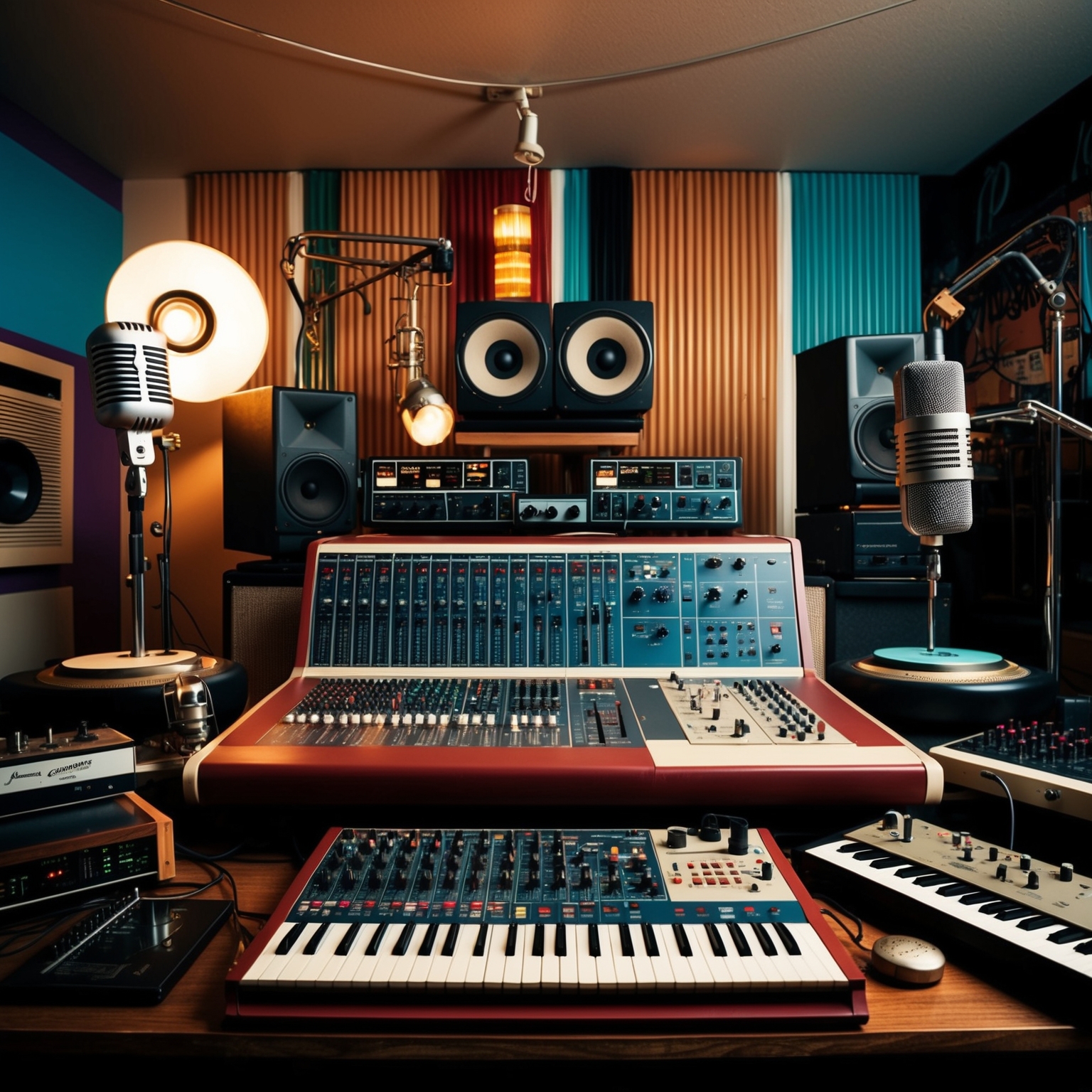 Generate an image capturing a vintage 90s West Coast hip hop studio scene. Include iconic recording equipment such as a vintage mixing console, microphones, and synthesizers. The ambiance should exude a retro yet creative atmosphere, reflecting the era