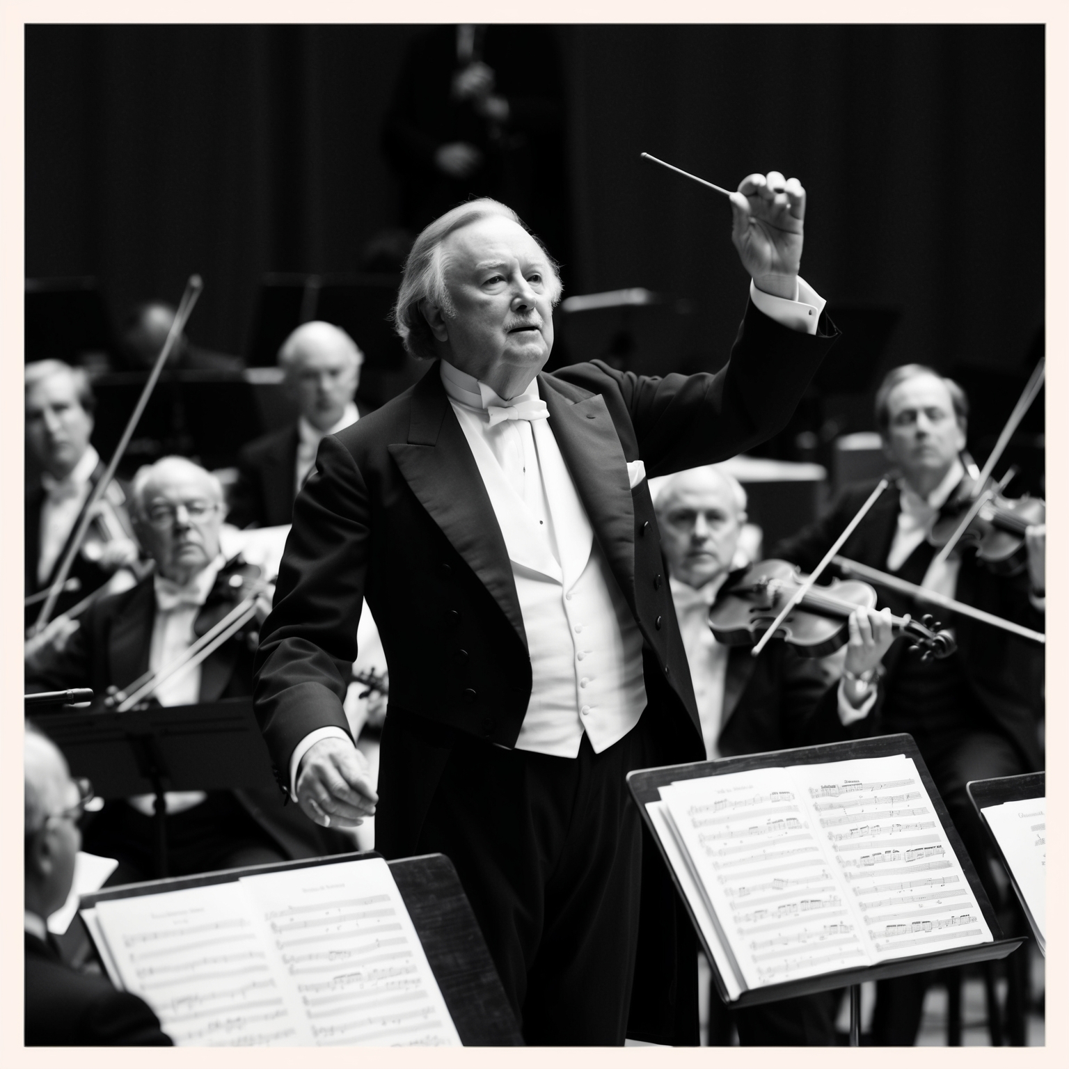 A timeless black and white portrait of John Williams in action, conducting an orchestra, surrounded by sheet music and musical instruments. The scene captures the grandeur and focus of a legendary composer in his prime.