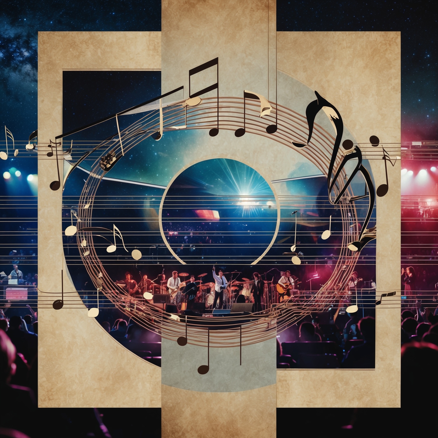 Depict a visualization of musical notes interwoven with elements of space. Include elements inspired by 1970s aesthetics, such as retro color hues and textures. Incorporate a subtle overlay of a bustling concert environment in the background, signifying massive fan engagement and the score’s influence. The image can be set under a starry sky, symbolizing the cosmic theme of Star Wars. Ensure a balance between vintage and modern artistic nuances.