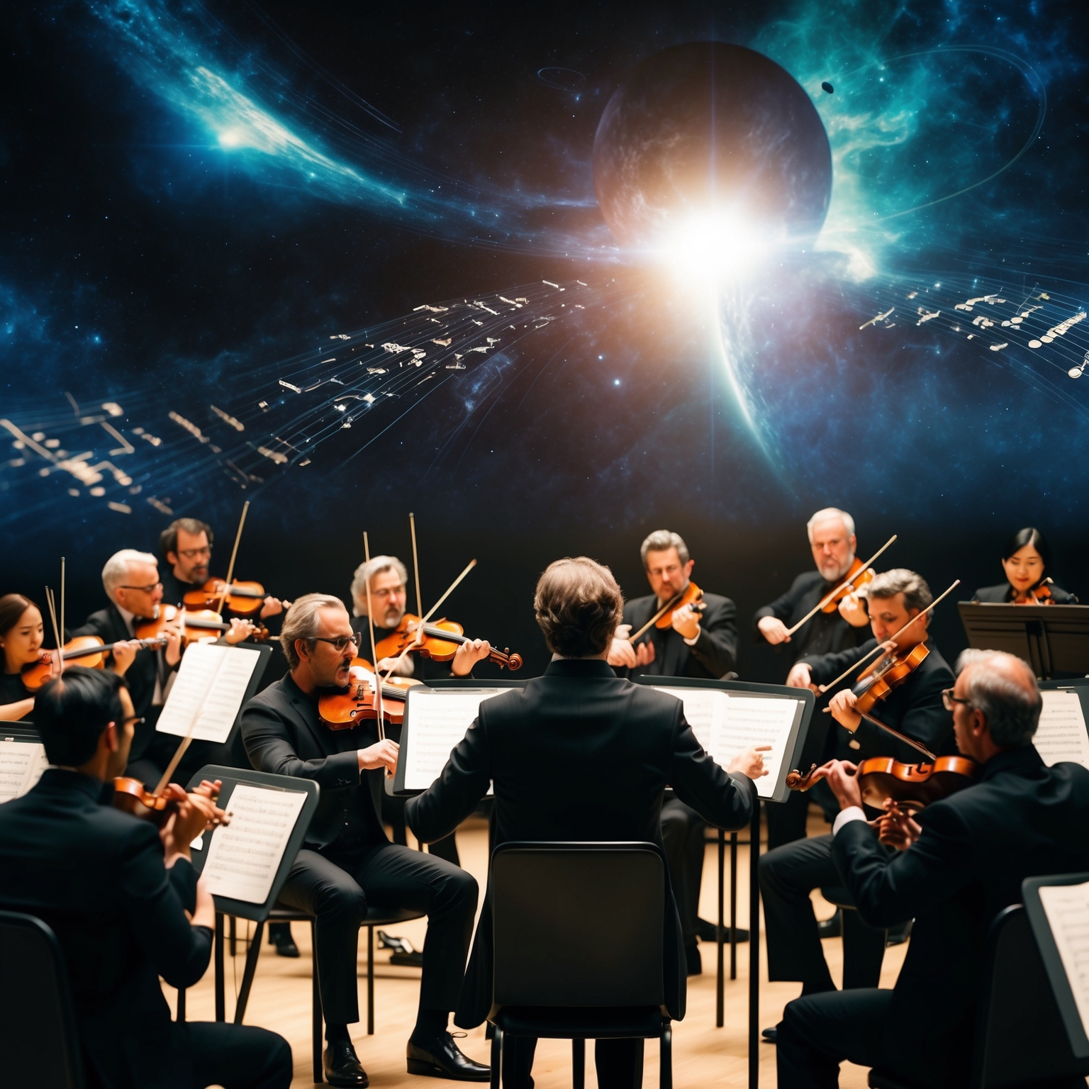 An orchestra in the midst of playing a sci-fi themed score, capturing the vastness of space through musical notes, with a focus on a conductor passionately guiding the musicians, evoking a sense of adventure and heroism amidst a futuristic backdrop.